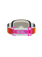 Alpinestars Vision 5 Drag veiligheidsbril, motorcrossbril met oranje en roze verstelbare band, achteraanzicht met slogan ONE GOAL. ONE VISION.