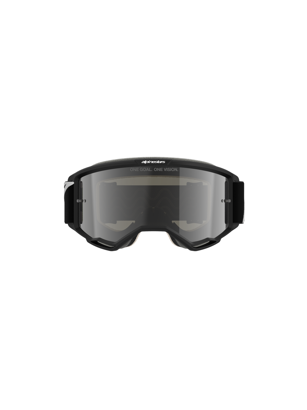 Masque Alpinestars Vision 5 Corp, masque de motocross, noir avec écran argenté miroité, vue frontale montrant le texte « ONE GOAL. ONE VISION. » et le logo Alpinestars, design épuré pour le tout-terrain et le motocross