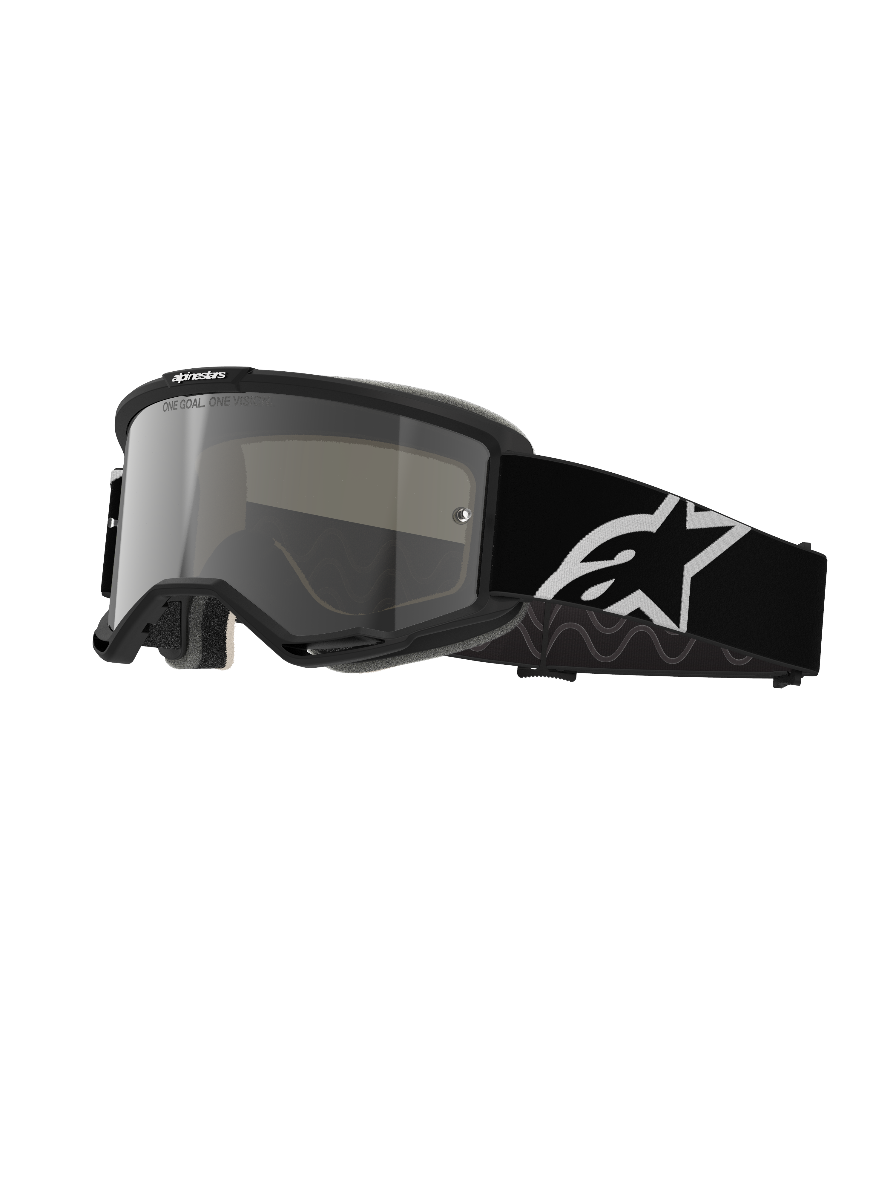 Alpinestars Vision 5 Corp motorcrossbril, crossbril, zwart frame met zilveren spiegelende lens, brede zwarte verstelbare band met groot wit Alpinestars sterlogo, gevoerd gezichtsschuim, One Goal One Vision branding