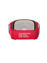 Alpinestars Vision 5 Corp Goggles, motocrossbril, rood en wit, achteraanzicht met brede band met de slogan 'Alpinestars One Goal. One Vision.', dik gezichtsschuim en rood frame