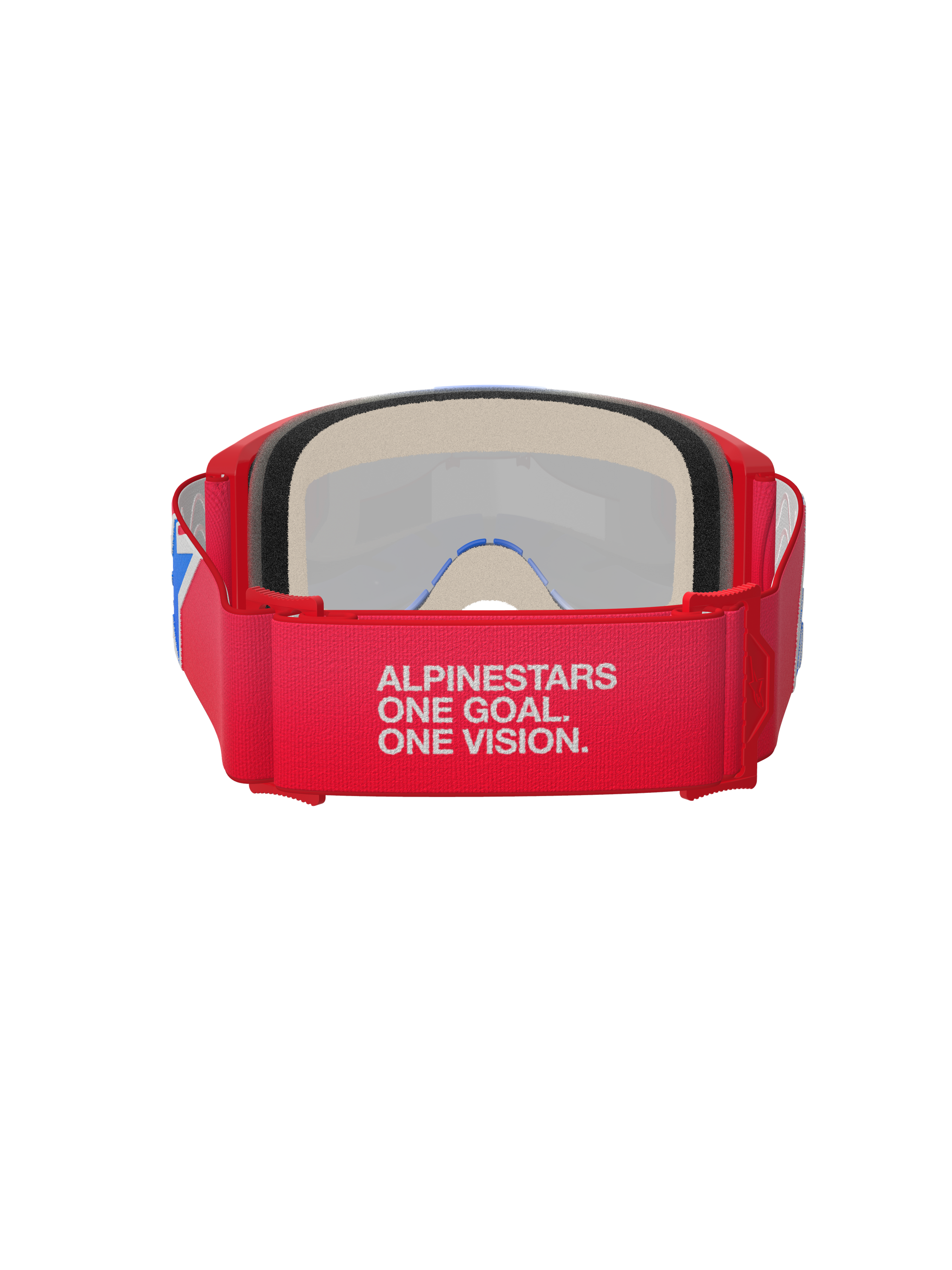 Alpinestars Vision 5 Corp Goggles, motocrossbril, rood en wit, achteraanzicht met brede band met de slogan 'Alpinestars One Goal. One Vision.', dik gezichtsschuim en rood frame