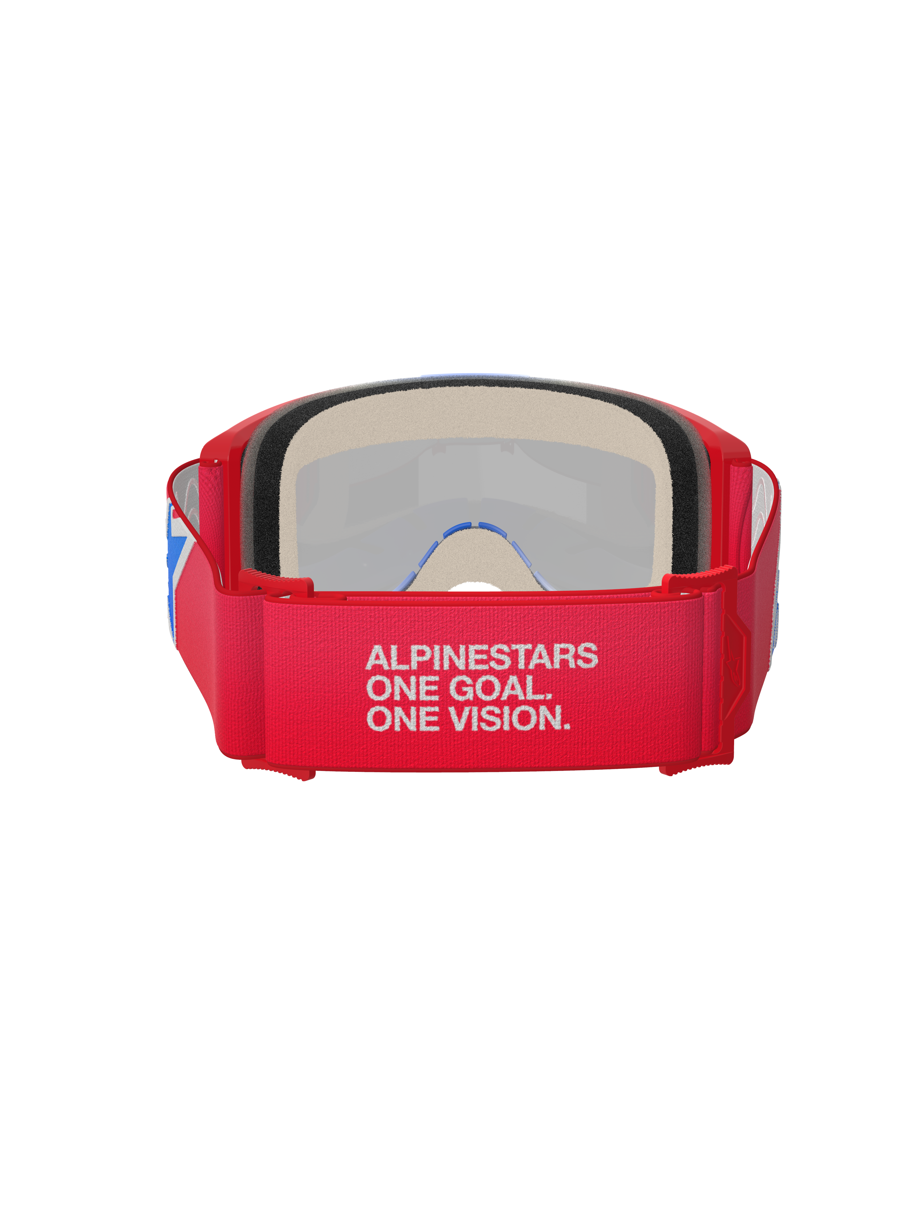 Alpinestars Vision 5 Corp Goggles, Motocross-Brille, Rot und Weiß, Rückansicht mit breitem Band und dem Slogan „Alpinestars One Goal. One Vision.“, dicker Gesichtsschaumstoff und roter Rahmen