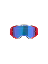 Alpinestars Vision 5 Corp Goggles, motocrossbril, rood en wit frame met Blue Mirror lens, voorzien van rode band en 'ONE GOAL... ONE VISION' tekst op de lens, vooraanzicht