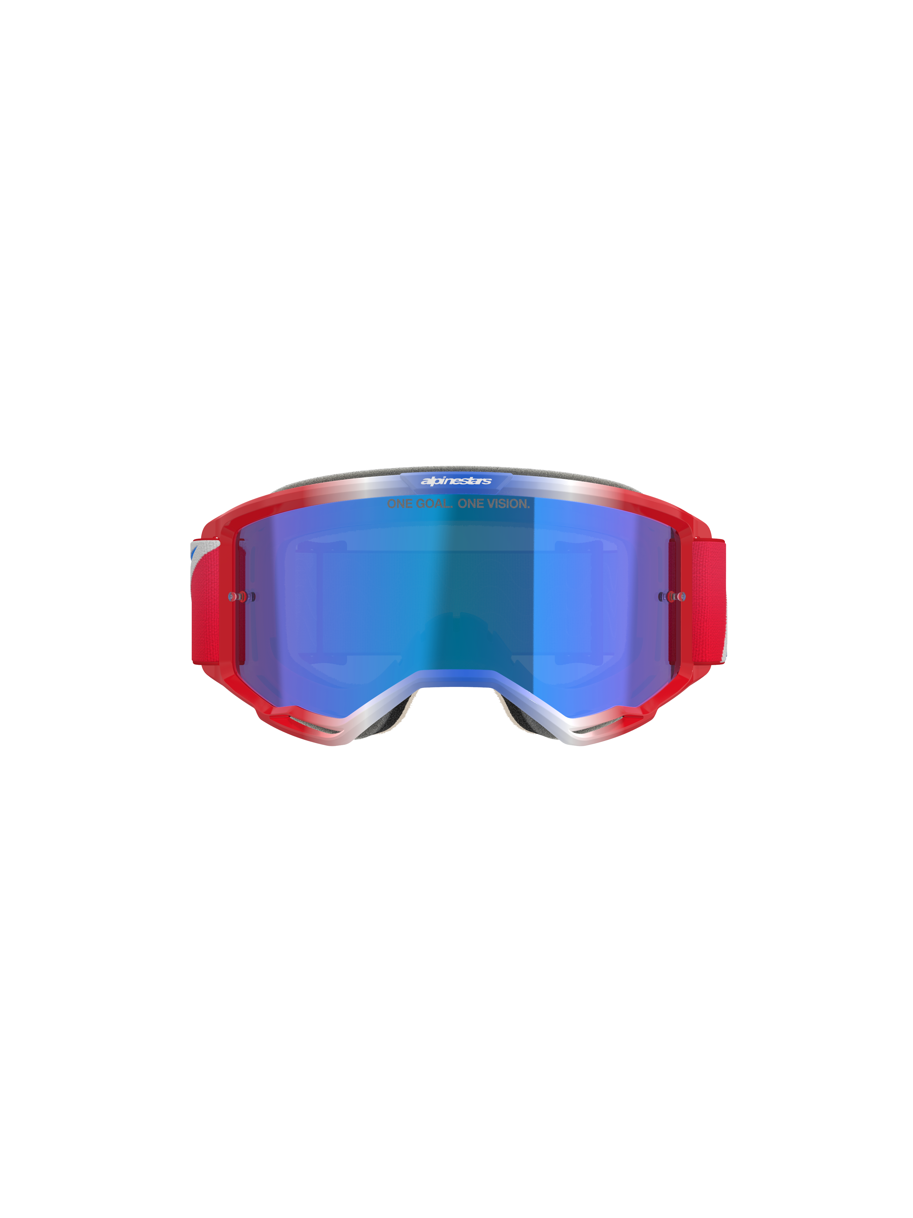 Alpinestars Vision 5 Corp Goggles, Motocross-Brille, rot-weißer Rahmen mit blau verspiegelter Linse, rotes Band und 'ONE GOAL... ONE VISION'-Schriftzug auf der Linse, Vorderansicht