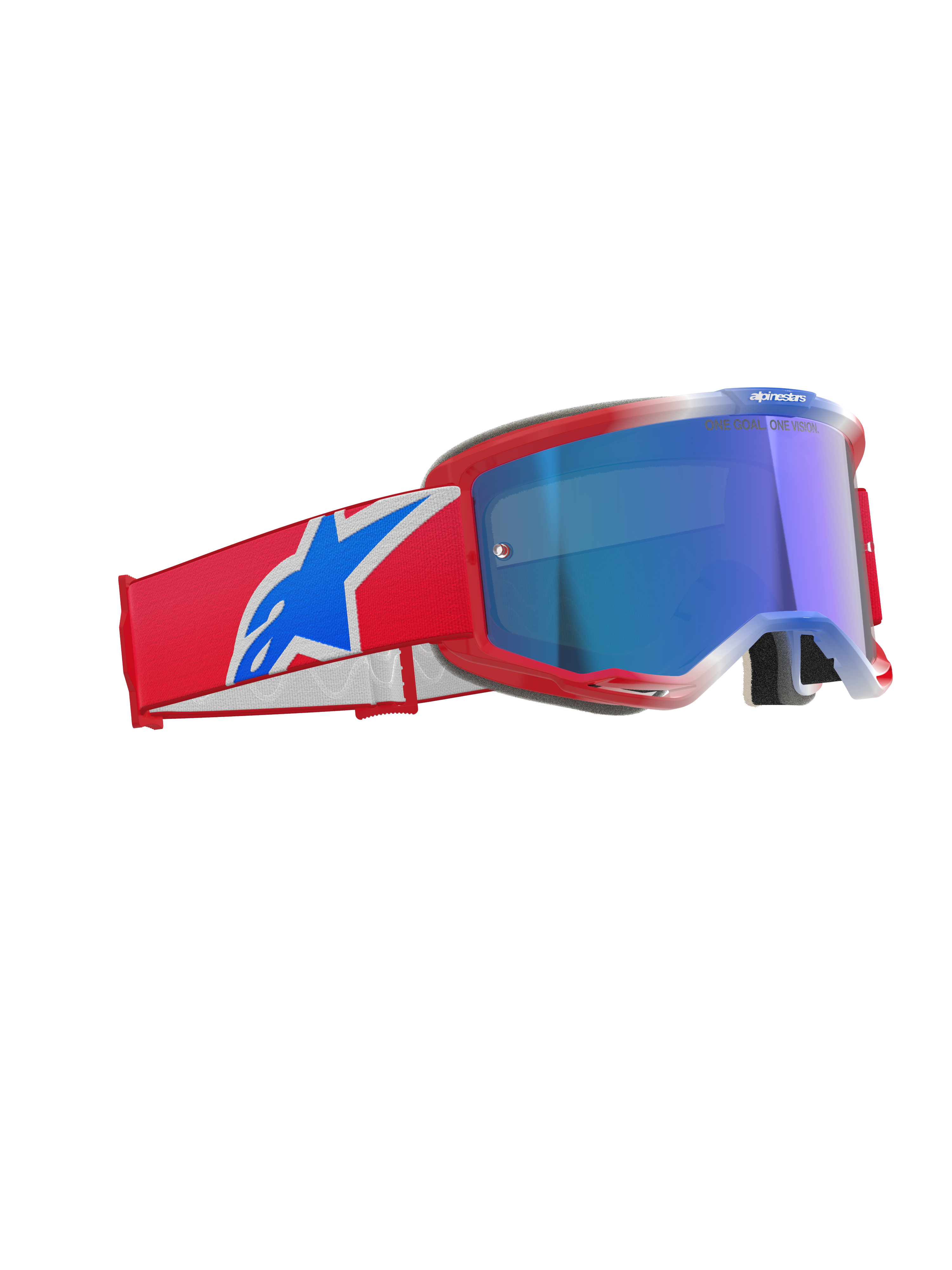 Alpinestars Vision 5 Corp Goggles, Motocross-Brille, Rot, Weiß und Blau mit blau verspiegelter Linse, roter Rahmen mit schlanker Belüftung, breites rotes Band mit auffälligem blau-weißem Logo, professionelle Brille für Offroad- und Motocross-Rennsport