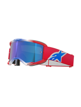 Alpinestars Vision 5 Corp Goggles, motorcrossbril, rood, wit en blauw, blauwe mirror lens, rode band met blauw Alpinestars-logo, flexibel rood frame met witte accenten, beschermende bril voor off-road rijden