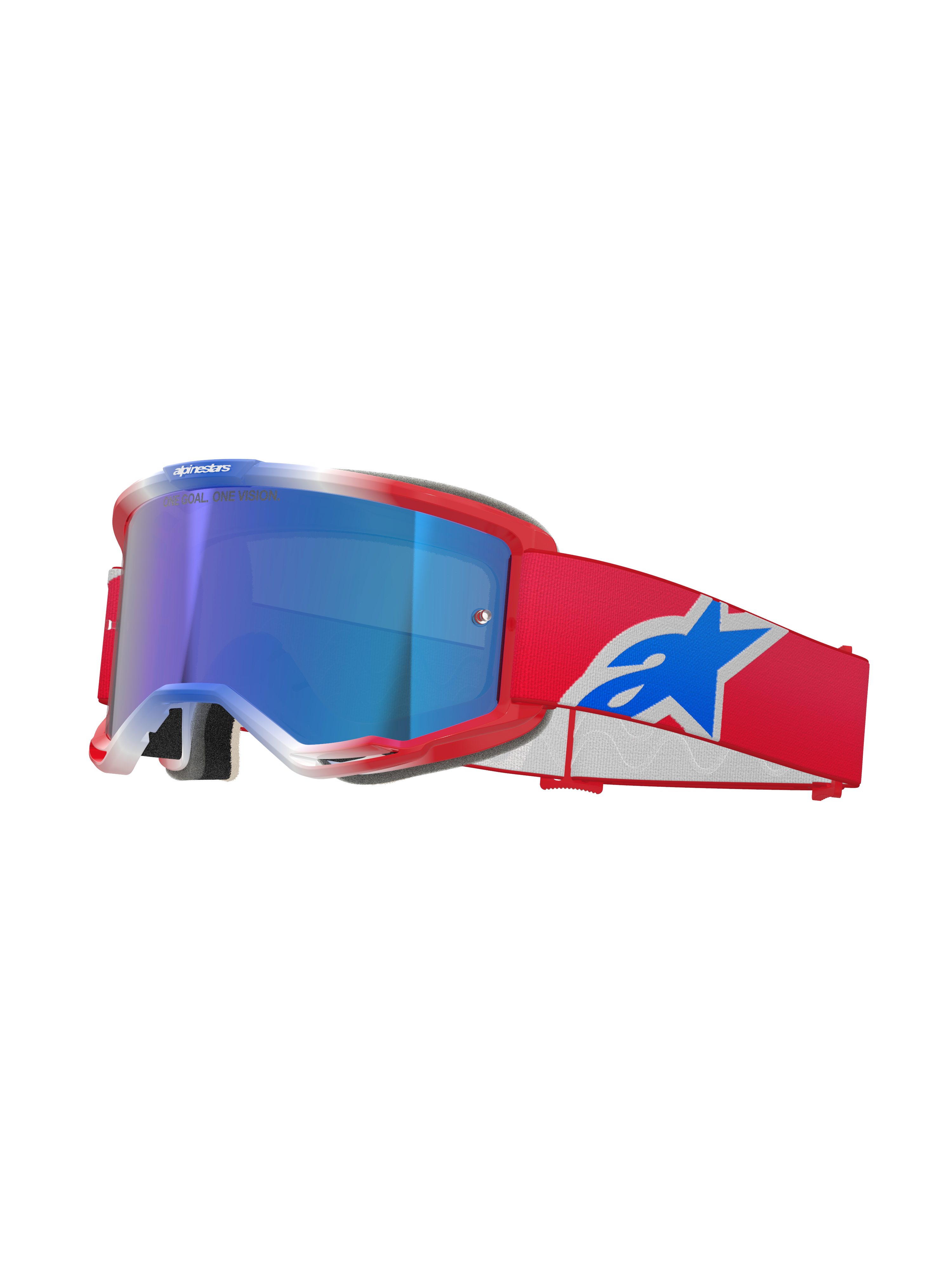 Alpinestars Vision 5 Corp Goggles, Motocross-Brille, Rot, Weiß und Blau, blau verspiegelte Linse, rotes Band mit blauem Alpinestars-Logo, flexibler roter Rahmen mit weißen Akzenten, Schutzbrille für den Offroad-Einsatz