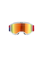 Alpinestars Vision 5 Corp Schutzbrille, Motocross-Brille, weißer Rahmen mit violett verspiegeltem, rot getöntem Glas, verstellbares rotes und violettes Band, mit „ONE GOAL. ONE VISION.“ Schriftzug auf dem Glas, Hochleistungs-Schutzausrüstung für Offroad-Rennsport