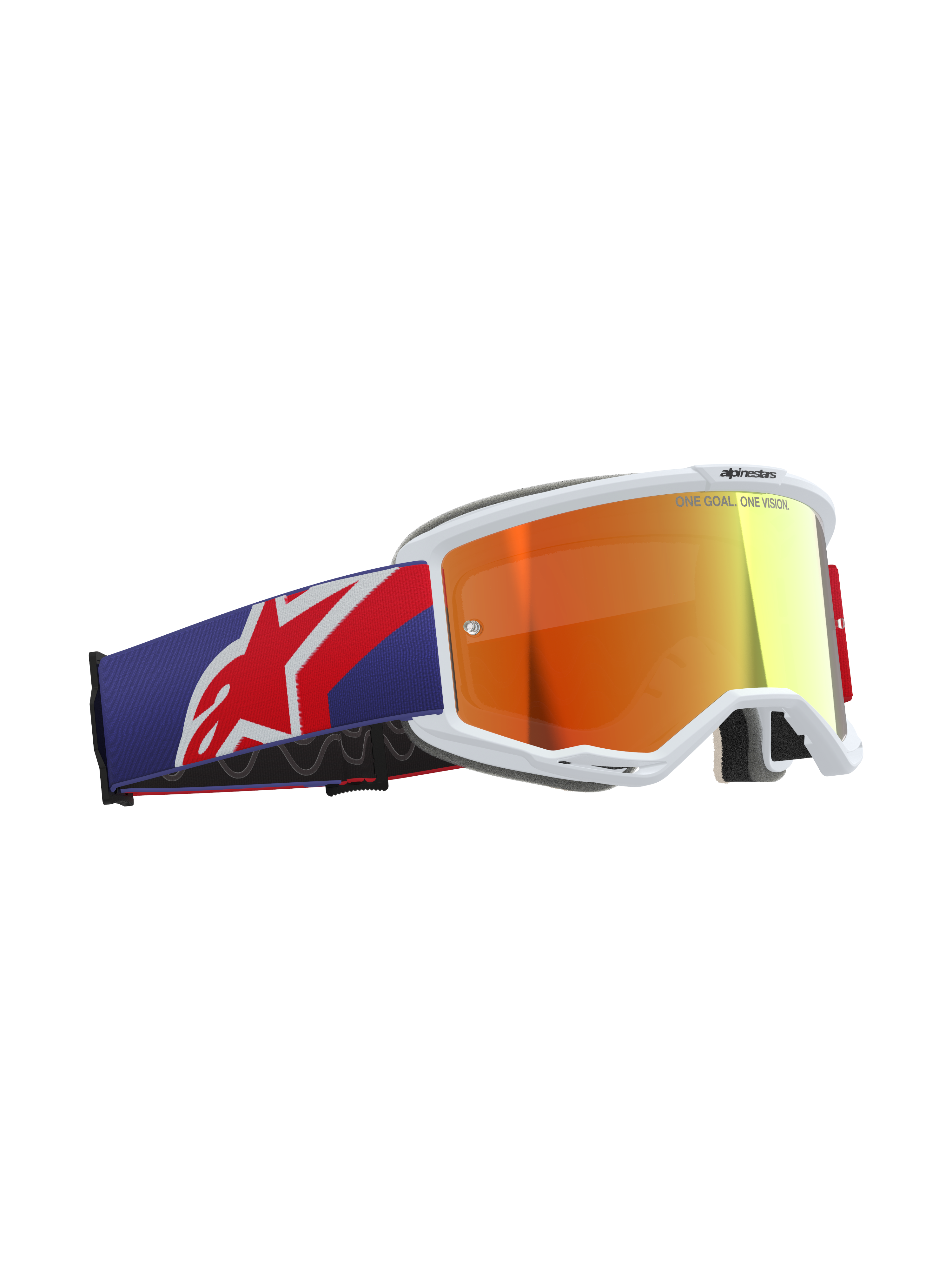 Alpinestars Vision 5 Corp Goggles, Motocross-Brille, rote und lila Farbgebung mit Purple Mirror Red Glas, weißer A-FLEX Urethan-Rahmen, dicker mehrstufiger Gesichtsschaum, breites verstellbares Band mit rotem und weißem Alpinestars Logo, professionelle Offroad-Rennbrille.