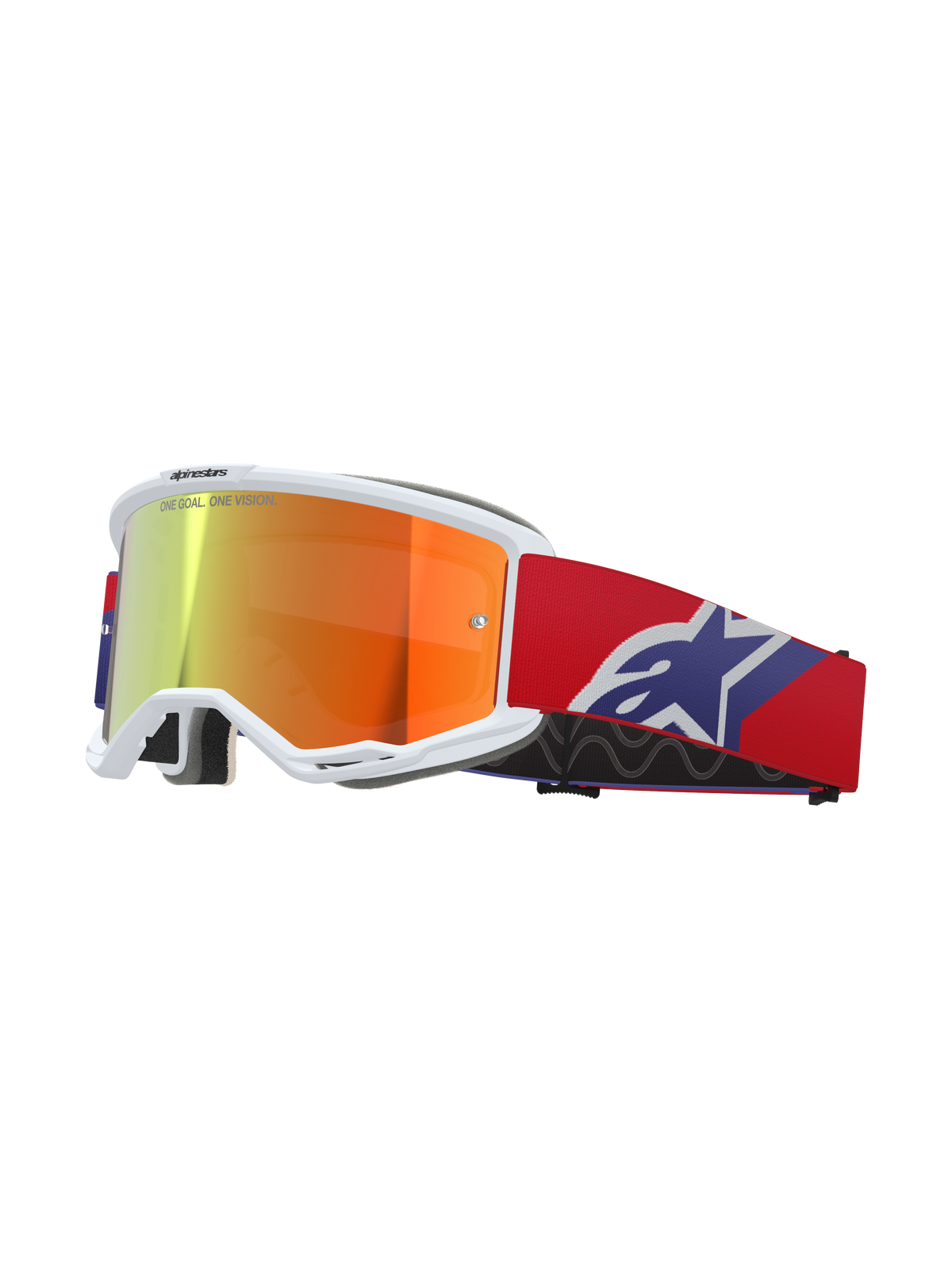 Alpinestars Vision 5 Corp crossbril, wit frame met oranje en paars reflecterende spiegellens, 'ONE GOAL. ONE VISION.' opdruk, rode band met blauw en wit sterlogo, motorcrossbril