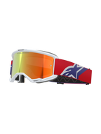 Alpinestars Vision 5 Corp Goggles, weißer Rahmen mit orange-lila verspiegelter Linse, „ONE GOAL. ONE VISION.“ Branding, rotes Brillenband mit blau-weißem Stern-Logo, Motocross-Brille