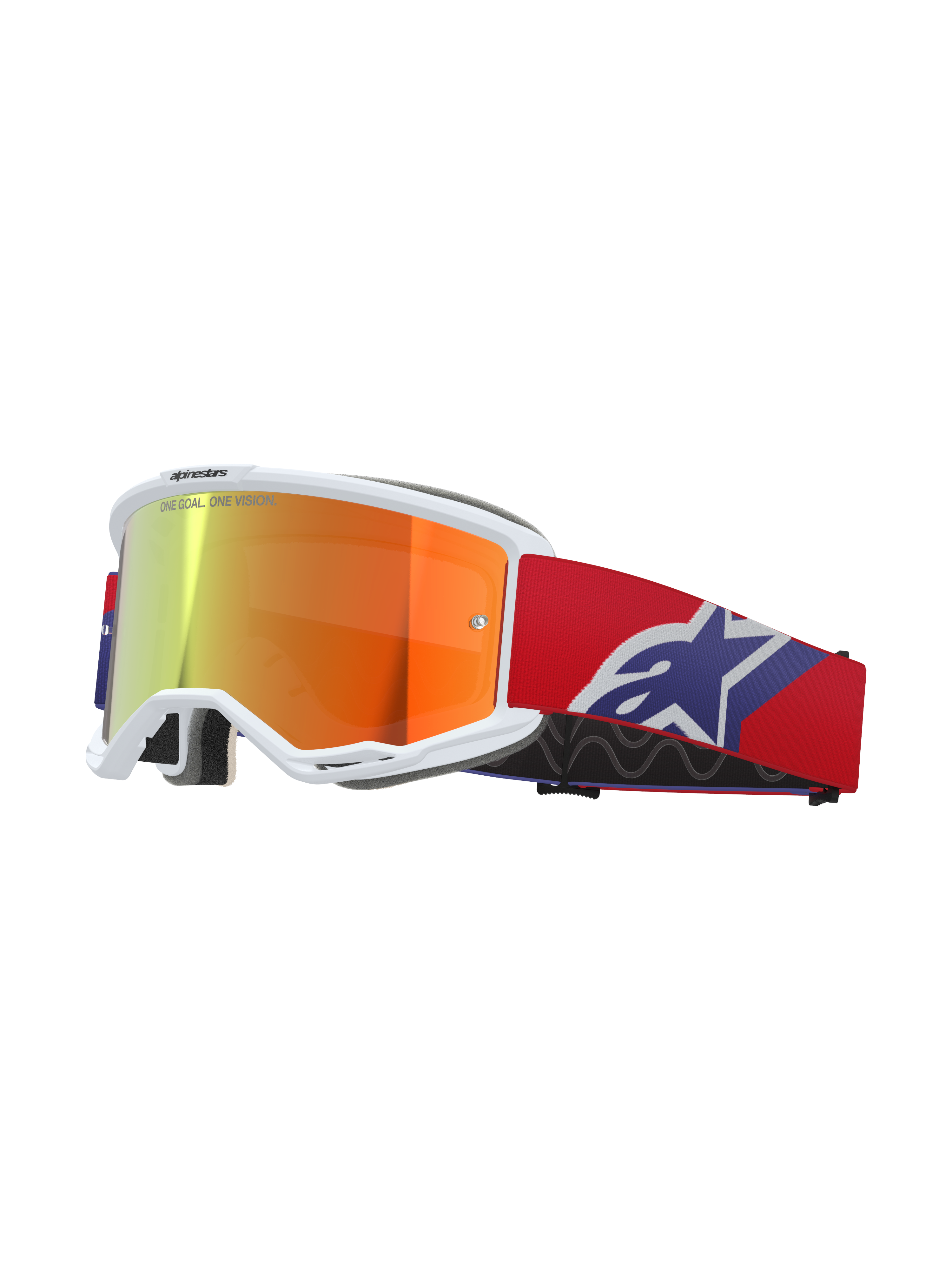 Alpinestars Vision 5 Corp Goggles, weißer Rahmen mit orange-lila verspiegelter Linse, „ONE GOAL. ONE VISION.“ Branding, rotes Brillenband mit blau-weißem Stern-Logo, Motocross-Brille