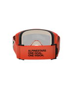 Alpinestars Vision 5 Corp Goggles, Rückansicht mit orangefarbenem gewebtem Band und schwarzem „ALPINESTARS ONE GOAL. ONE VISION.“ Schriftzug, mehrlagiger Gesichtsschaumstoff, oranger Rahmen, professionelle Motocross-Brille