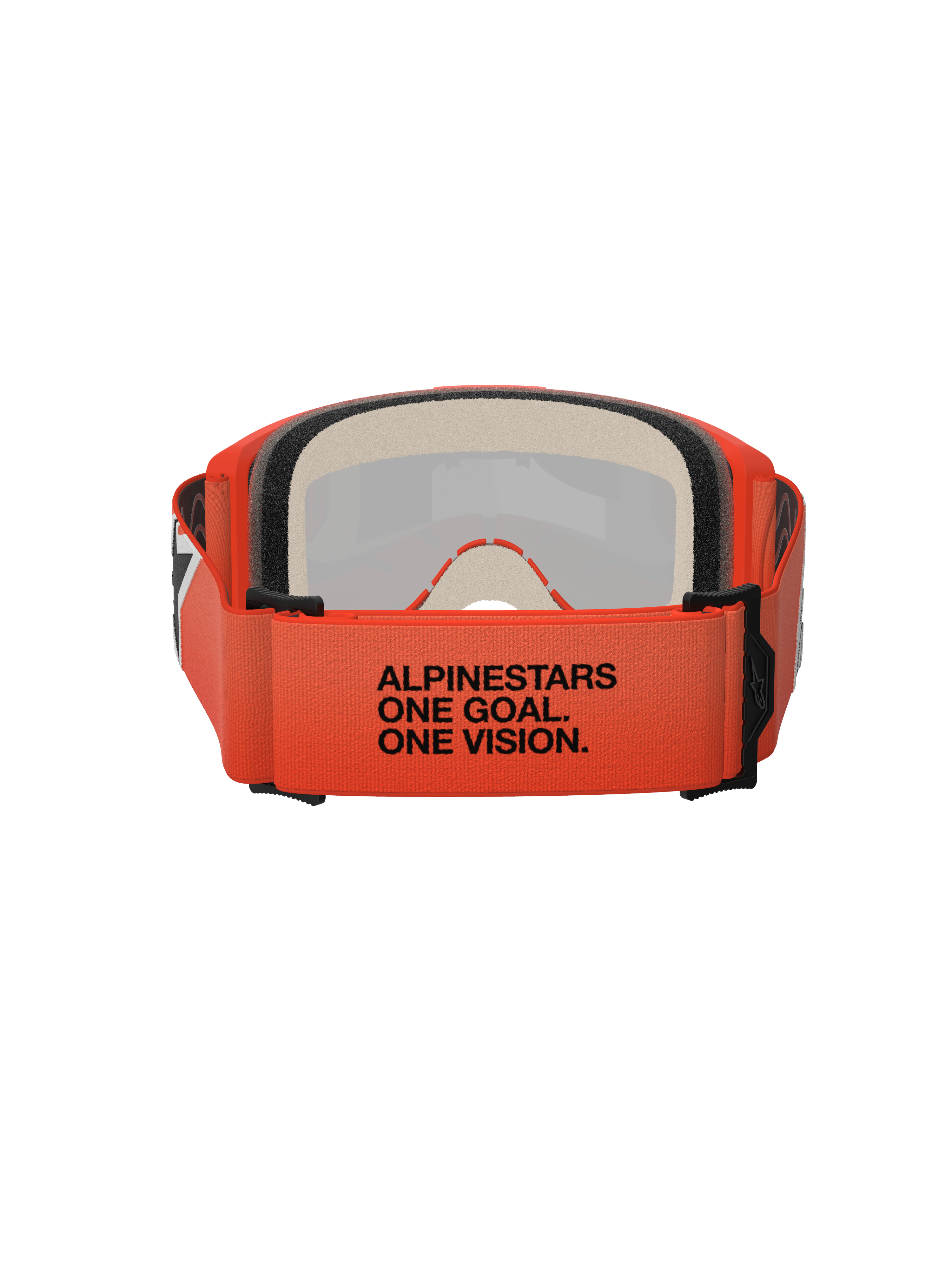 Alpinestars Vision 5 Corp Goggles, Rückansicht mit orangefarbenem gewebtem Band und schwarzem „ALPINESTARS ONE GOAL. ONE VISION.“ Schriftzug, mehrlagiger Gesichtsschaumstoff, oranger Rahmen, professionelle Motocross-Brille