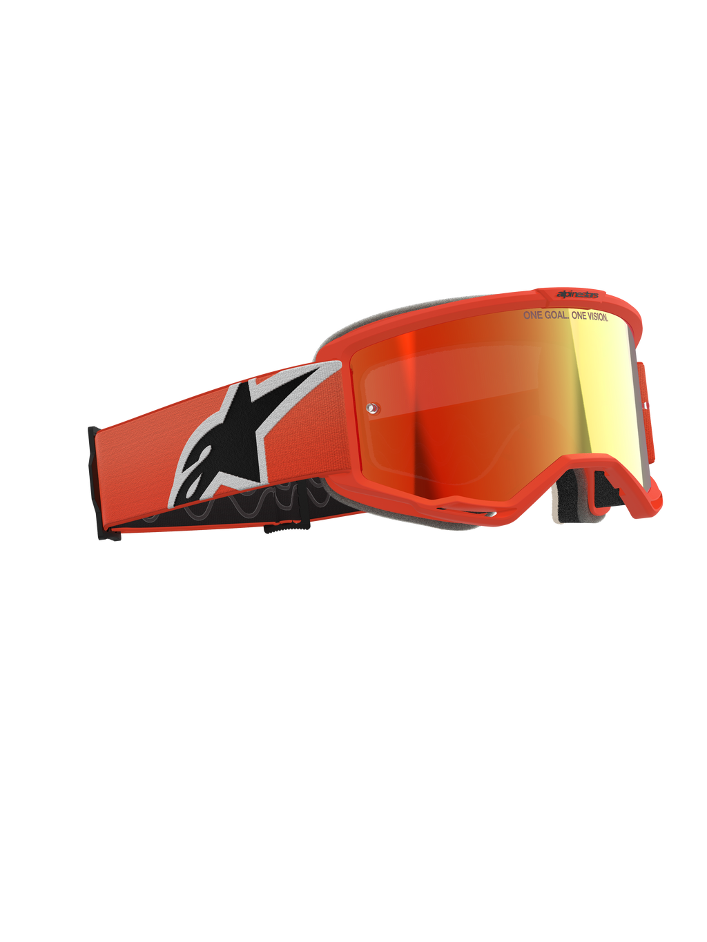 Alpinestars Vision 5 Corp Goggles, Motocross-Brille, Orange mit rot verspiegelter Linse, leuchtend oranger Rahmen und Band mit großem weiß-schwarzem Astars-Logo, verspiegelte rötlich-orange Linse mit Branding auf der Oberseite, professionelle Offroad-Schutzbrille