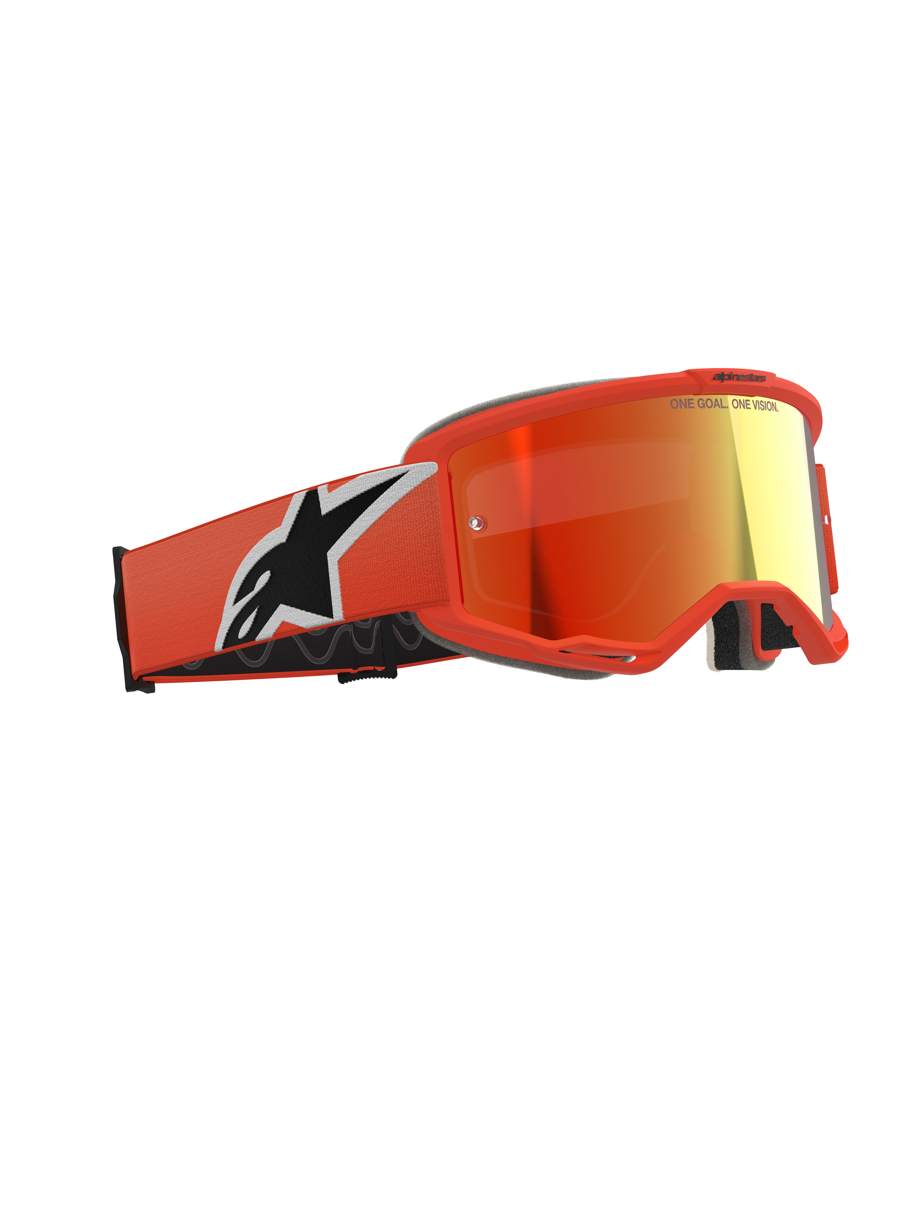 Alpinestars Vision 5 Corp Goggles, Motocross-Brille, Orange mit rot verspiegelter Linse, leuchtend oranger Rahmen und Band mit großem weiß-schwarzem Astars-Logo, verspiegelte rötlich-orange Linse mit Branding auf der Oberseite, professionelle Offroad-Schutzbrille