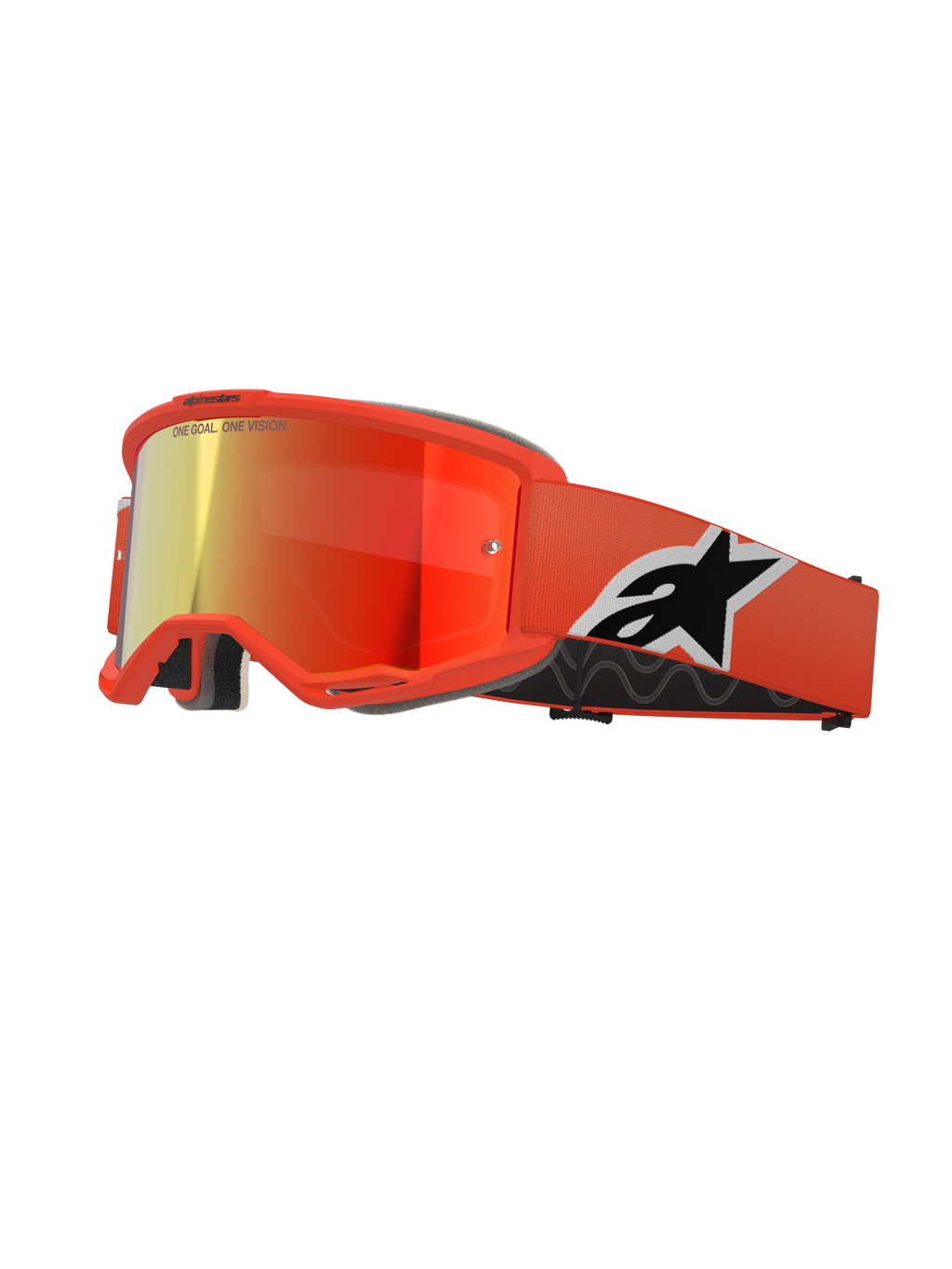 Alpinestars Vision 5 Corp Brille, Motocross-MX-Brille, oranger Rahmen mit rot verspiegelter Linse, breites oranges Band mit markantem schwarz-weißem Astar-Logo, „ONE GOAL. ONE VISION.“ Branding auf der Linse, dicker schwarzer Komfort-Schaumstoff.
