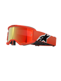 Alpinestars Vision 5 Corp Brille, Motocross-MX-Brille, oranger Rahmen mit rot verspiegelter Linse, breites oranges Band mit markantem schwarz-weißem Astar-Logo, „ONE GOAL. ONE VISION.“ Branding auf der Linse, dicker schwarzer Komfort-Schaumstoff.