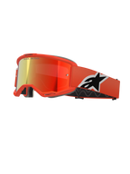 Alpinestars Vision 5 Corp Brille, Motocross-MX-Brille, oranger Rahmen mit rot verspiegelter Linse, breites oranges Band mit markantem schwarz-weißem Astar-Logo, „ONE GOAL. ONE VISION.“ Branding auf der Linse, dicker schwarzer Komfort-Schaumstoff.