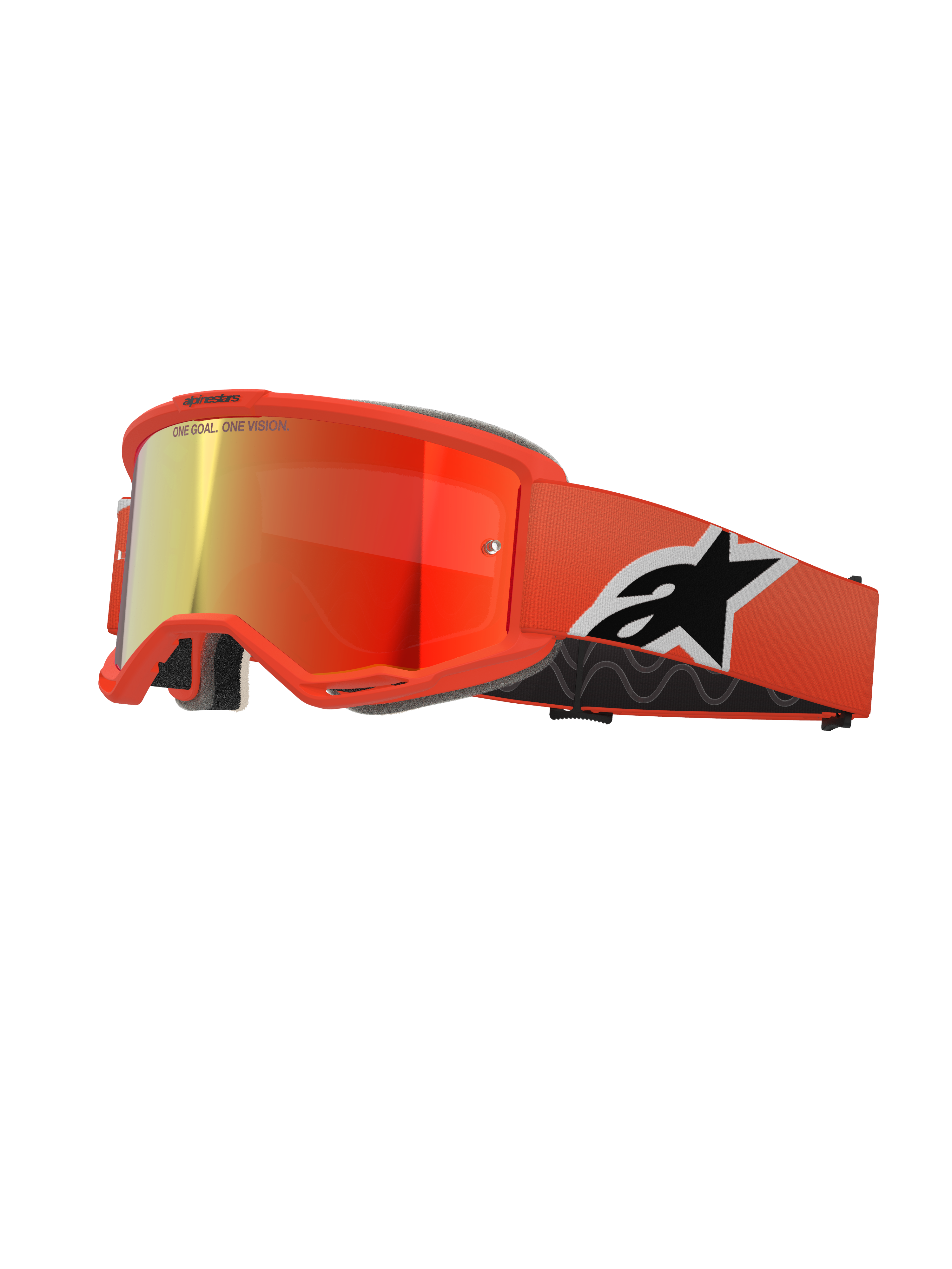 Alpinestars Vision 5 Corp Brille, Motocross-MX-Brille, oranger Rahmen mit rot verspiegelter Linse, breites oranges Band mit markantem schwarz-weißem Astar-Logo, „ONE GOAL. ONE VISION.“ Branding auf der Linse, dicker schwarzer Komfort-Schaumstoff.