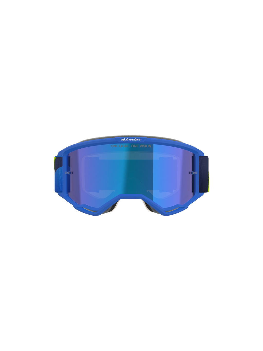 Alpinestars Vision 5 Corp Goggle, Motocross-Brille, Blau und Gelb Fluo, Mirror Blue Glas mit „ONE GOAL. ONE VISION.“ Text, Vorderansicht, hochflexibler A-FLEX Urethan-Rahmen, schützende Augenausrüstung für Offroad-Performance