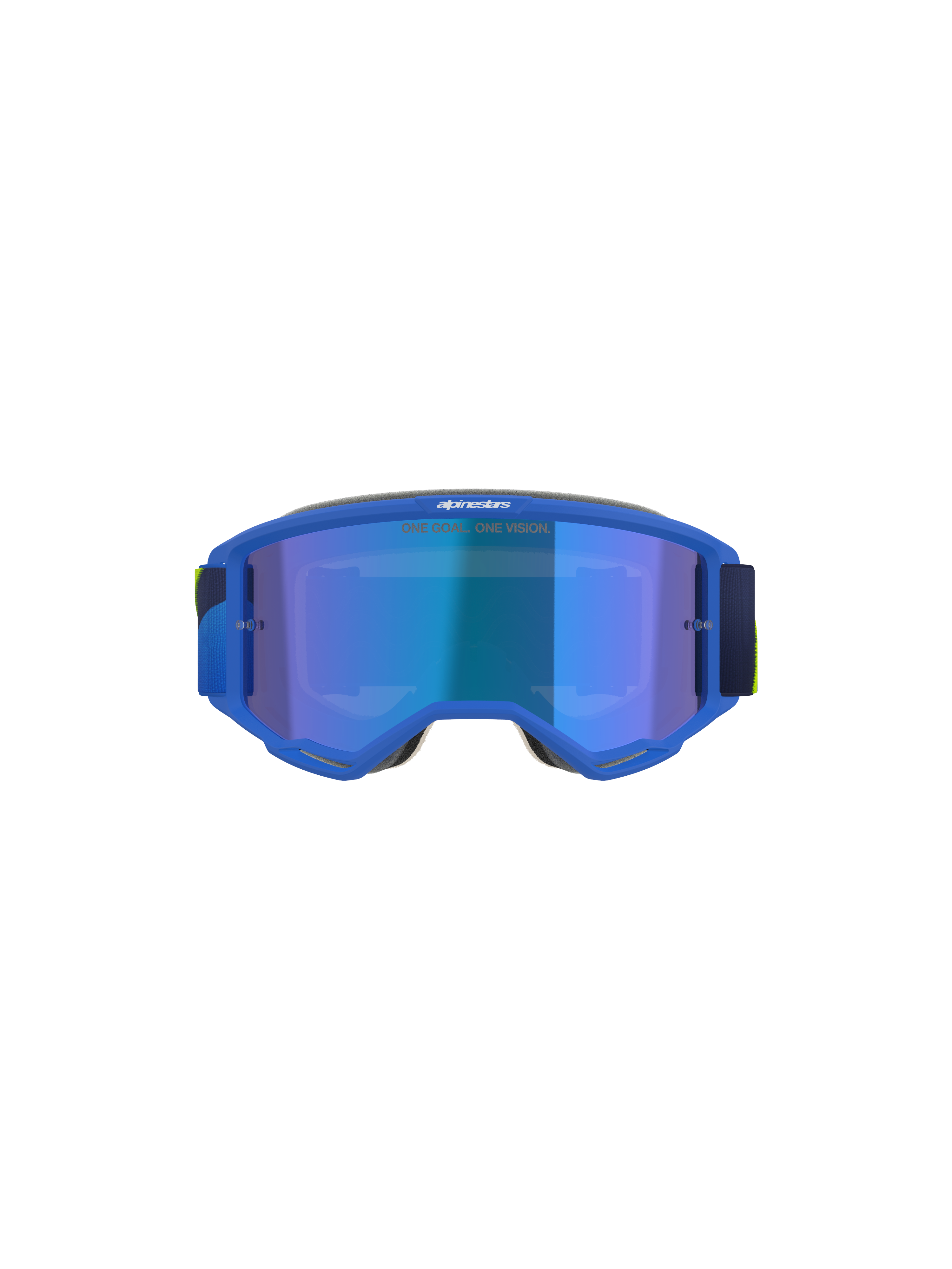 Alpinestars Vision 5 Corp Goggle, Motocross-Brille, Blau und Gelb Fluo, Mirror Blue Glas mit „ONE GOAL. ONE VISION.“ Text, Vorderansicht, hochflexibler A-FLEX Urethan-Rahmen, schützende Augenausrüstung für Offroad-Performance