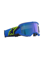 Alpinestars Vision 5 Corp Goggles, Motocross-Brille, Blau und Gelb Fluo mit Mirror Blue Glas, blaues Band mit großem gelben Fluo-Stern-Logo, 'ONE GOAL. ONE VISION.' Schriftzug auf dem Glas, professioneller Offroad-Augenschutz