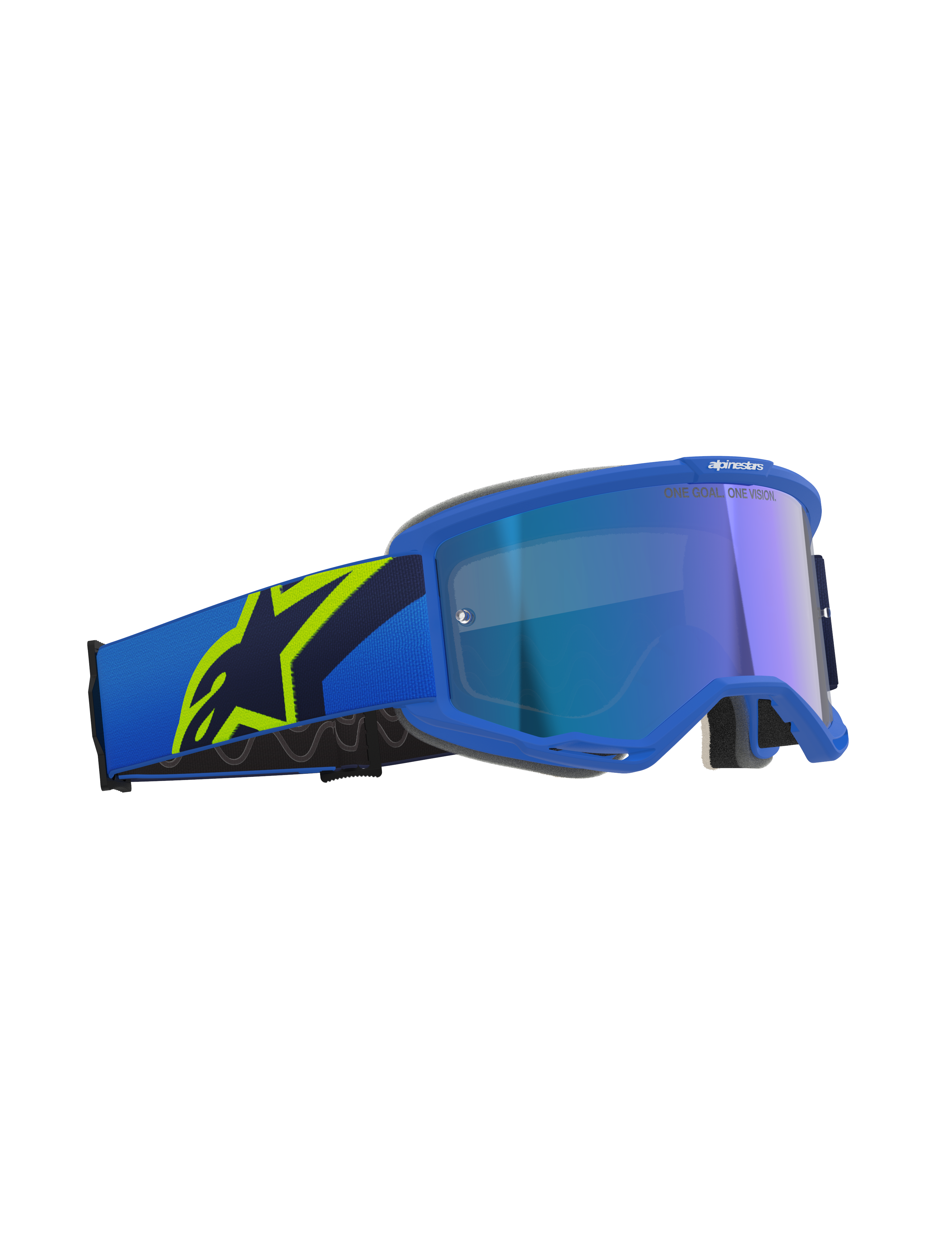 Alpinestars Vision 5 Corp Goggles, Motocross-Brille, Blau und Gelb Fluo mit Mirror Blue Glas, blaues Band mit großem gelben Fluo-Stern-Logo, 'ONE GOAL. ONE VISION.' Schriftzug auf dem Glas, professioneller Offroad-Augenschutz