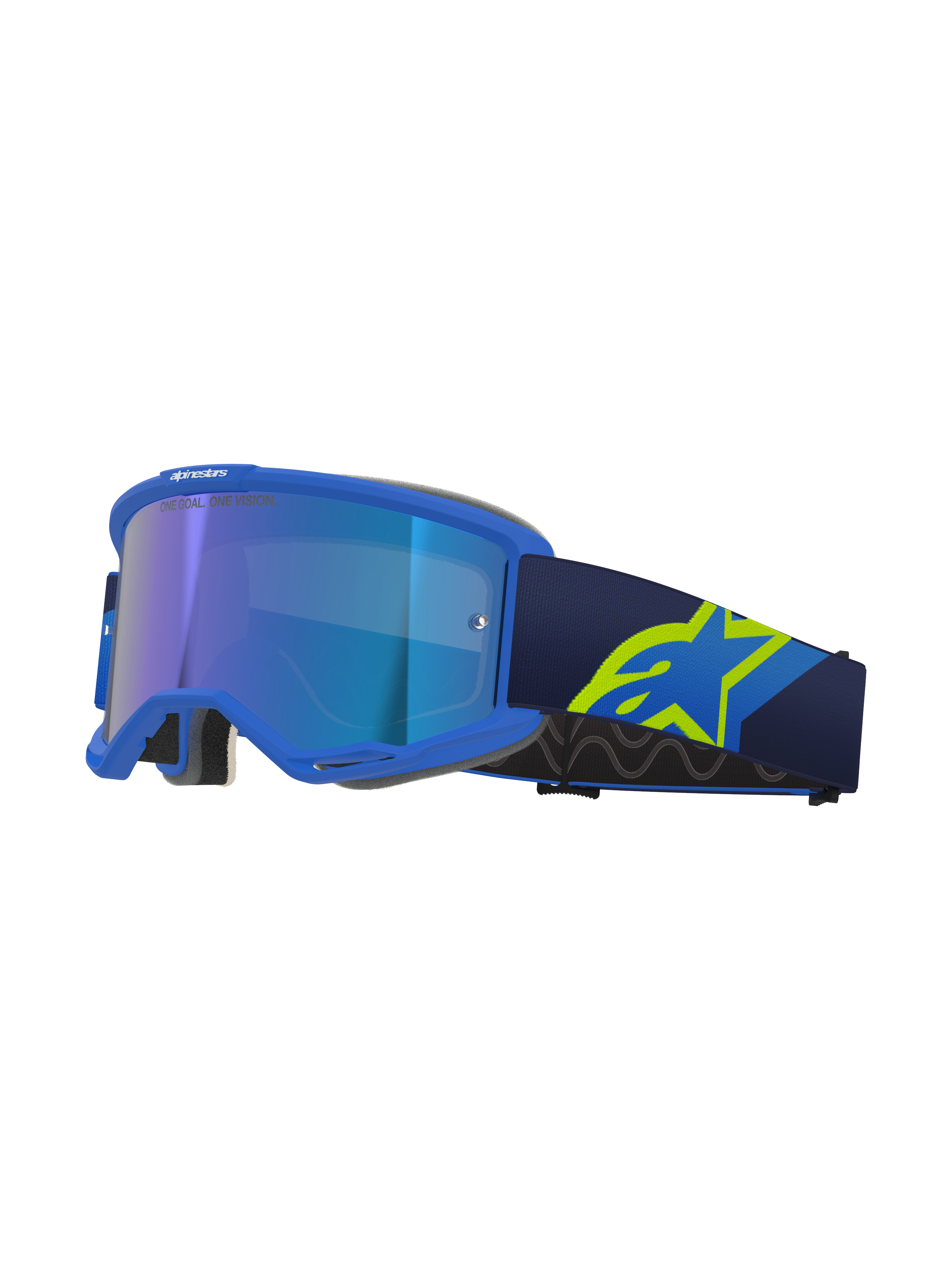Alpinestars Vision 5 Corp crossbril, motorcrossbril, blauw frame met spiegelende blauwe lens, marineblauwe band met groot neongeel A-star logo, zijaanzicht met geventileerd frame en grijs gezichtsschuim, "ONE GOAL. ONE VISION." branding