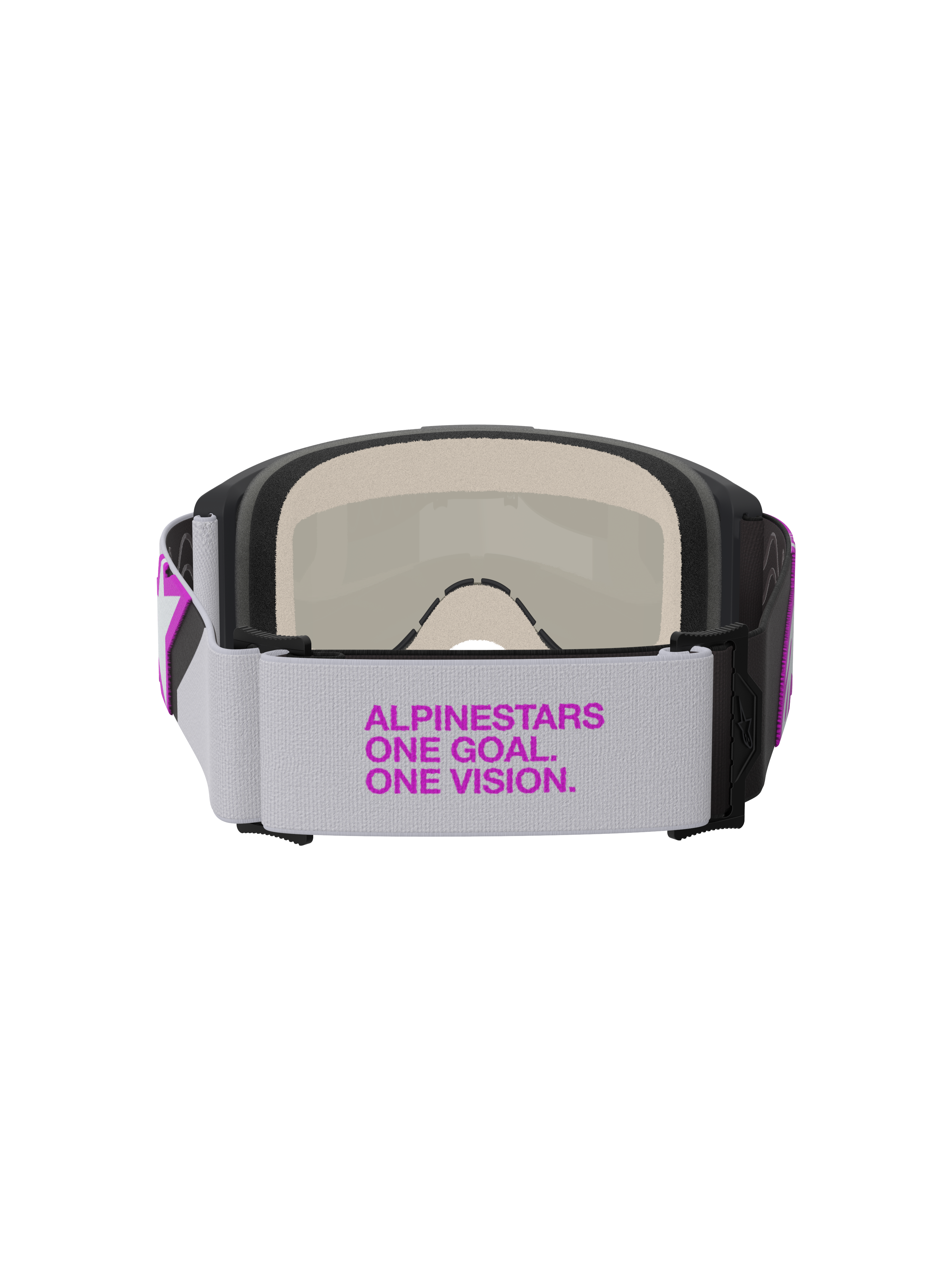 Alpinestars Vision 5 Corp Goggles, Motocross Goggles, Light Gray and Purple Mirror Silver, rear view showing wide woven strap with purple branding, multi-layer face foam, and durable frame construction