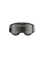 Alpinestars Vision 5 Corp Goggles, Motocross Goggles, Light Gray frame with Purple Mirror Silver lens, front view featuring 'ONE GOAL. ONE VISION.' text, adjustable gray and purple woven strap, high-performance off-road eye protection