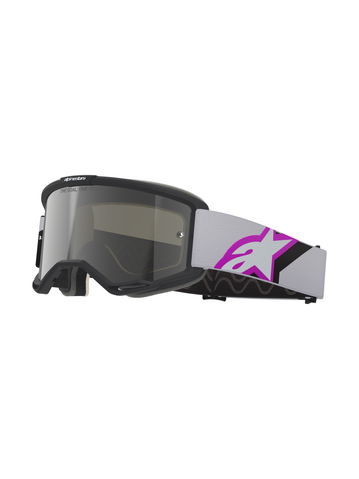 Masque Alpinestars Vision 5 Corp, lunettes de motocross, gris clair et violet miroir argenté, monture noire avec écran miroir argenté, sangle tissée gris clair avec un grand logo étoile violet et noir, mousse faciale multicouche pour un ajustement précis, protection oculaire professionnelle pour le tout-terrain