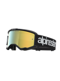 Masque Alpinestars Vision 5 Hone pour motocross, cadre noir A-FLEX, lentille miroir dorée et logo blanc sur sangle noire.