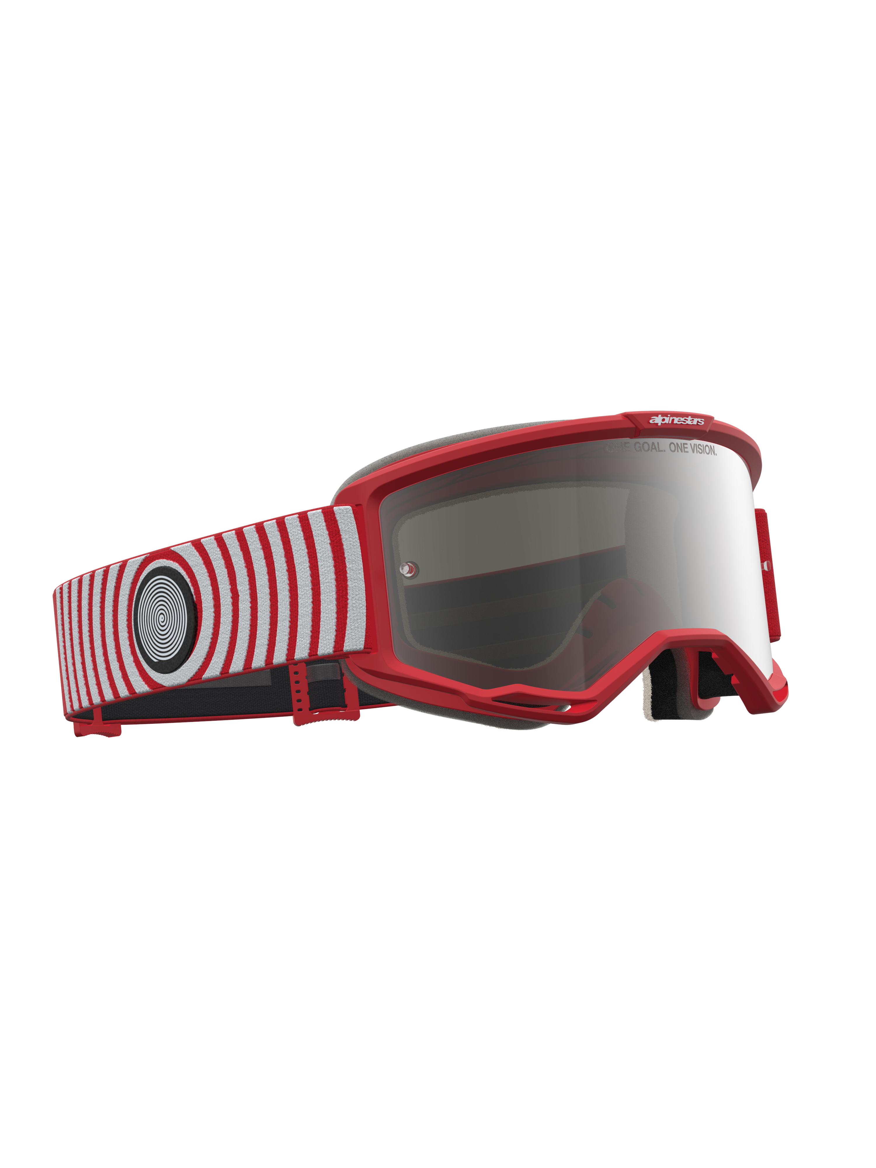 Alpinestars Vision 5 Hone veiligheidsbril voor motocross, rood en wit, zilveren spiegellens, flexibel A-FLEX frame.