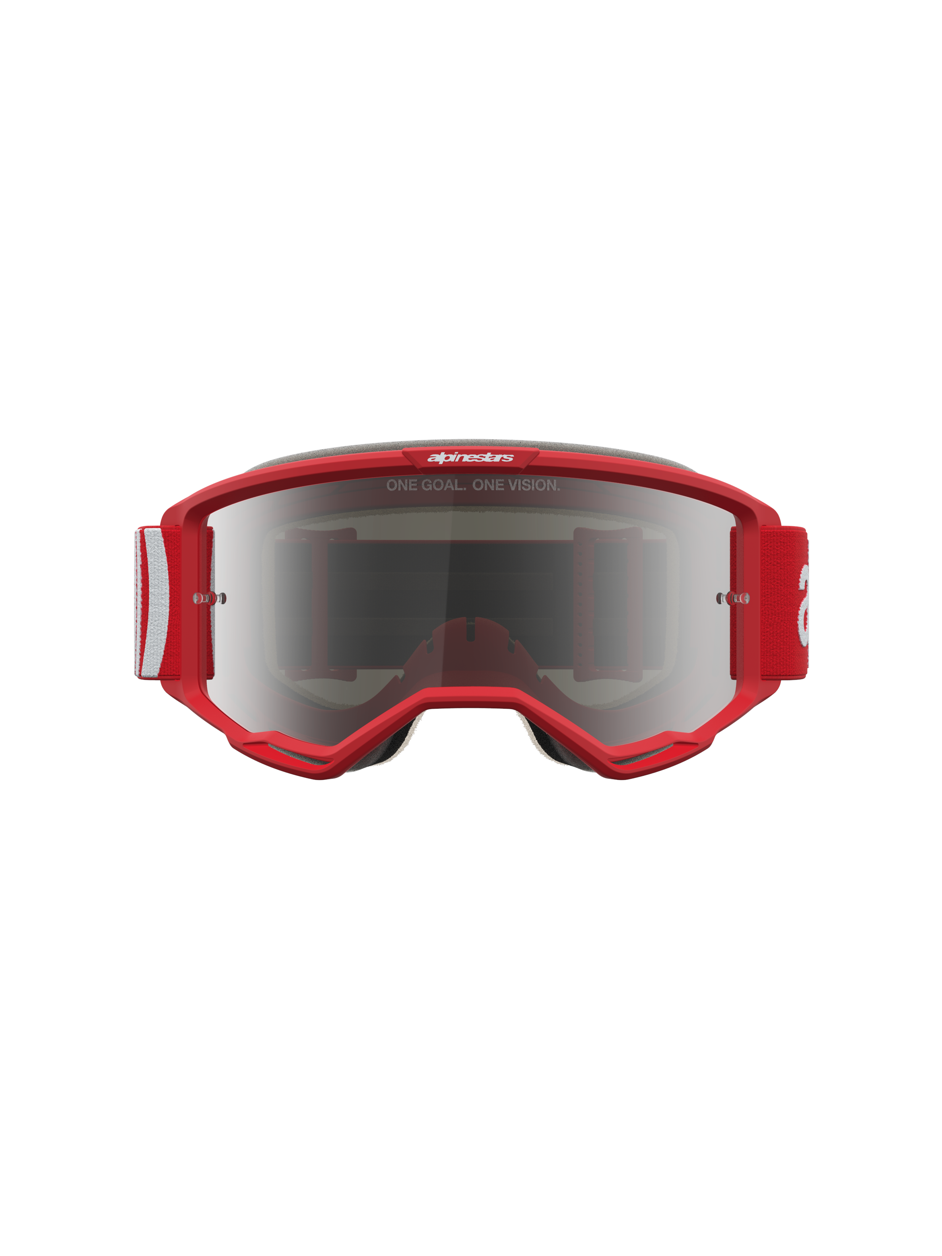 Alpinestars Vision 5 Hone veiligheidsbril, rood-witte motorcrossbril met zilveren spiegellens en RAM-AIR ventilatie.