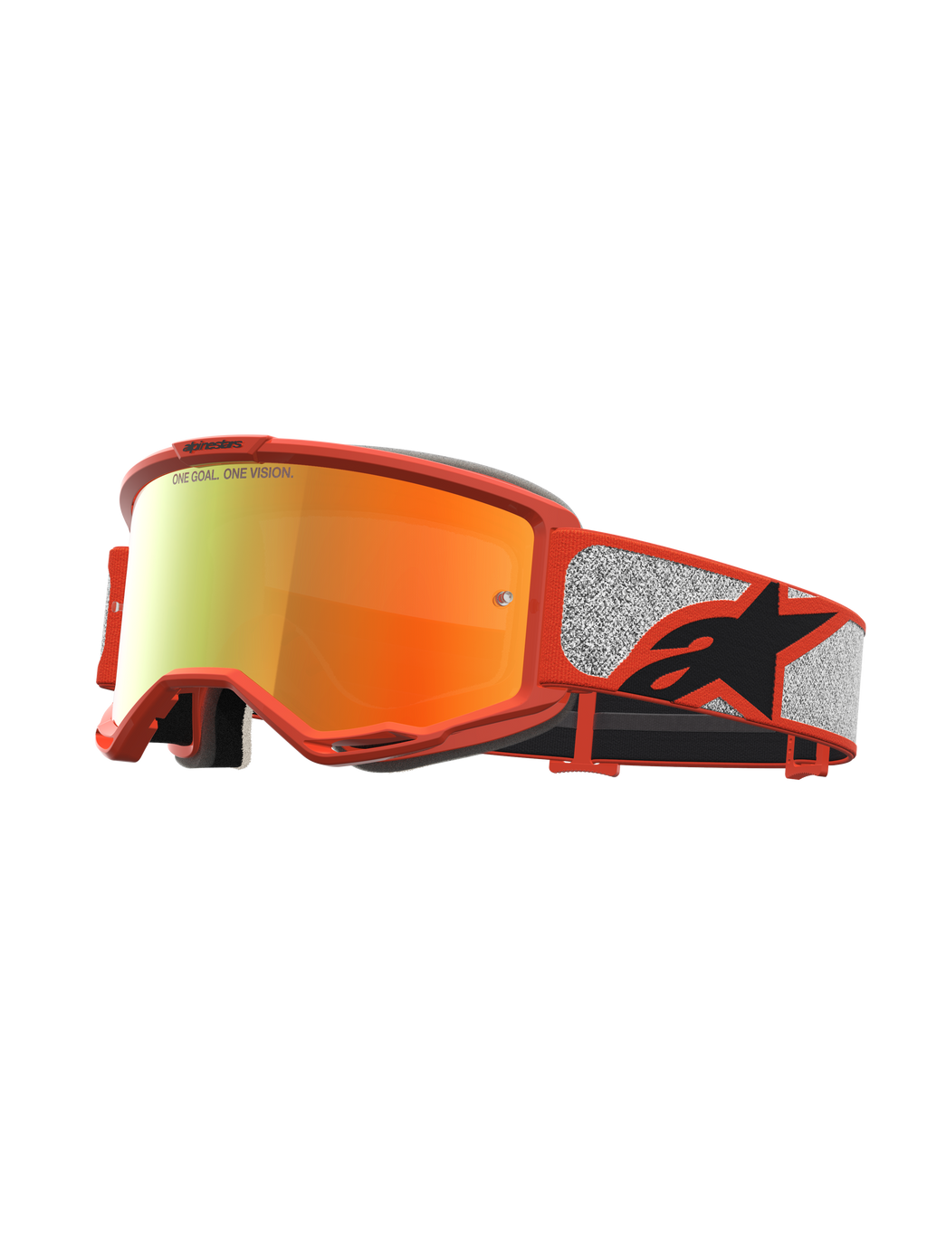 Alpinestars Vision 5 Rora veiligheidsbril, motorcrossbril, oranje en zilver, rode spiegelglaslens, A-FLEX frame en RAM-AIR ventilatiesysteem.