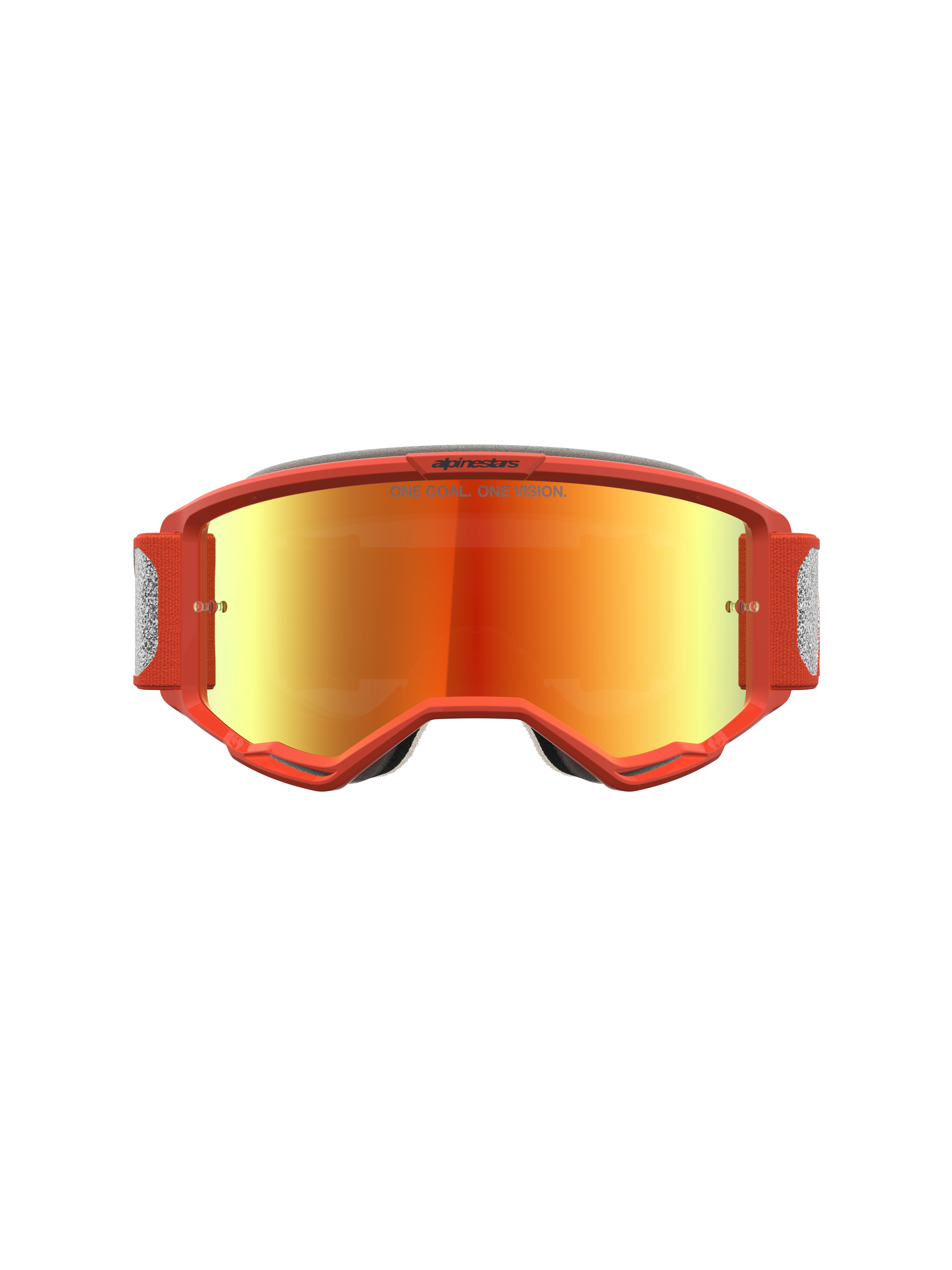 Alpinestars Vision 5 Rora veiligheidsbril, oranje motorcrossbril met zilveren spiegelglas en flexibel A-FLEX frame voor off-road racing.