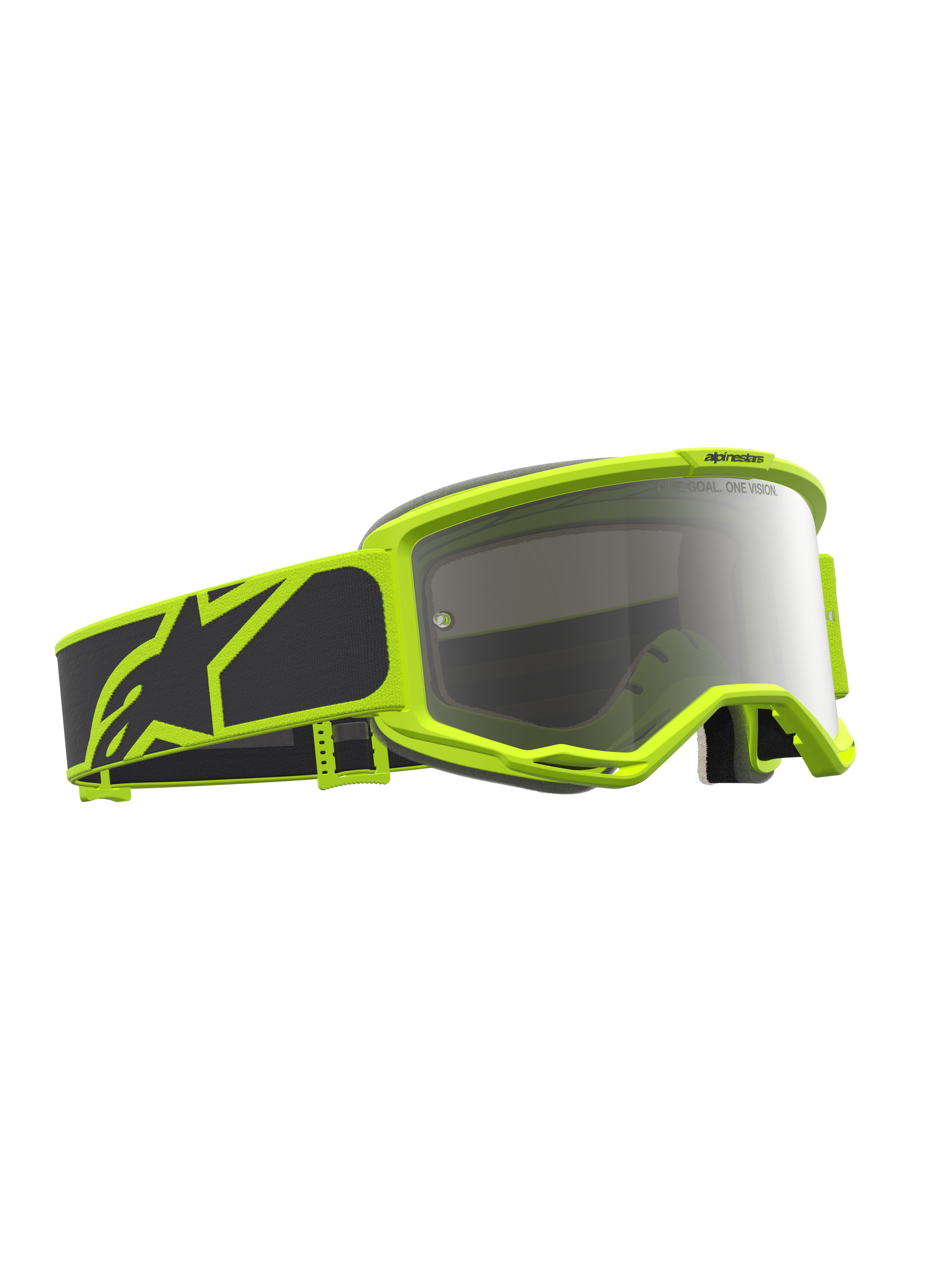 Alpinestars Vision 5 Rora veiligheidsbril, motorcrossbril, zwart en fluogeel, zilveren spiegelglas en RAM-AIR ventilatie.