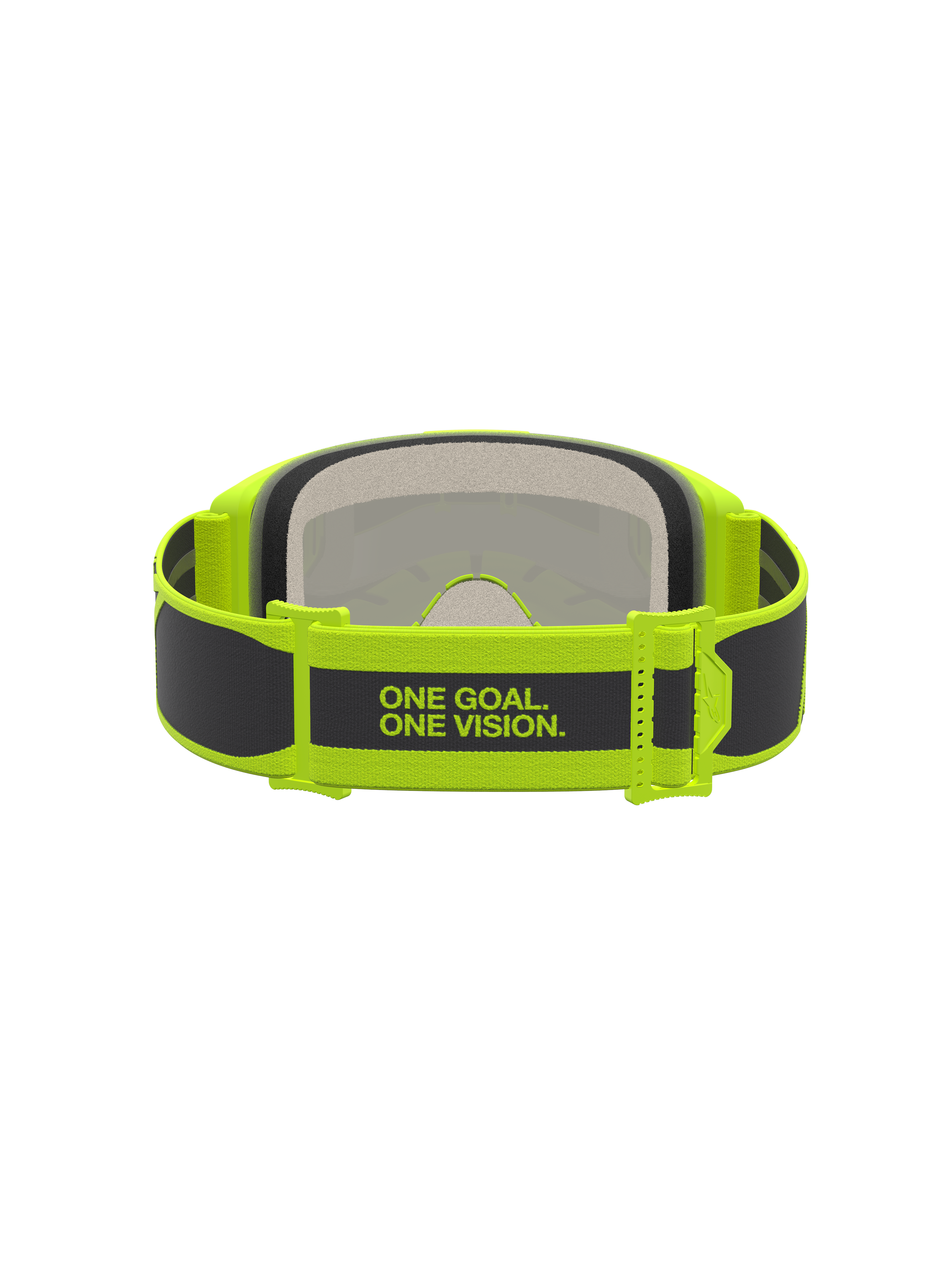 Alpinestars Vision 5 Rora veiligheidsbril, motorcrossbril voor heren, zwart en geel fluo, voorzien van 'ONE GOAL. ONE VISION.' merkband en RAM-AIR ventilatiesysteem.