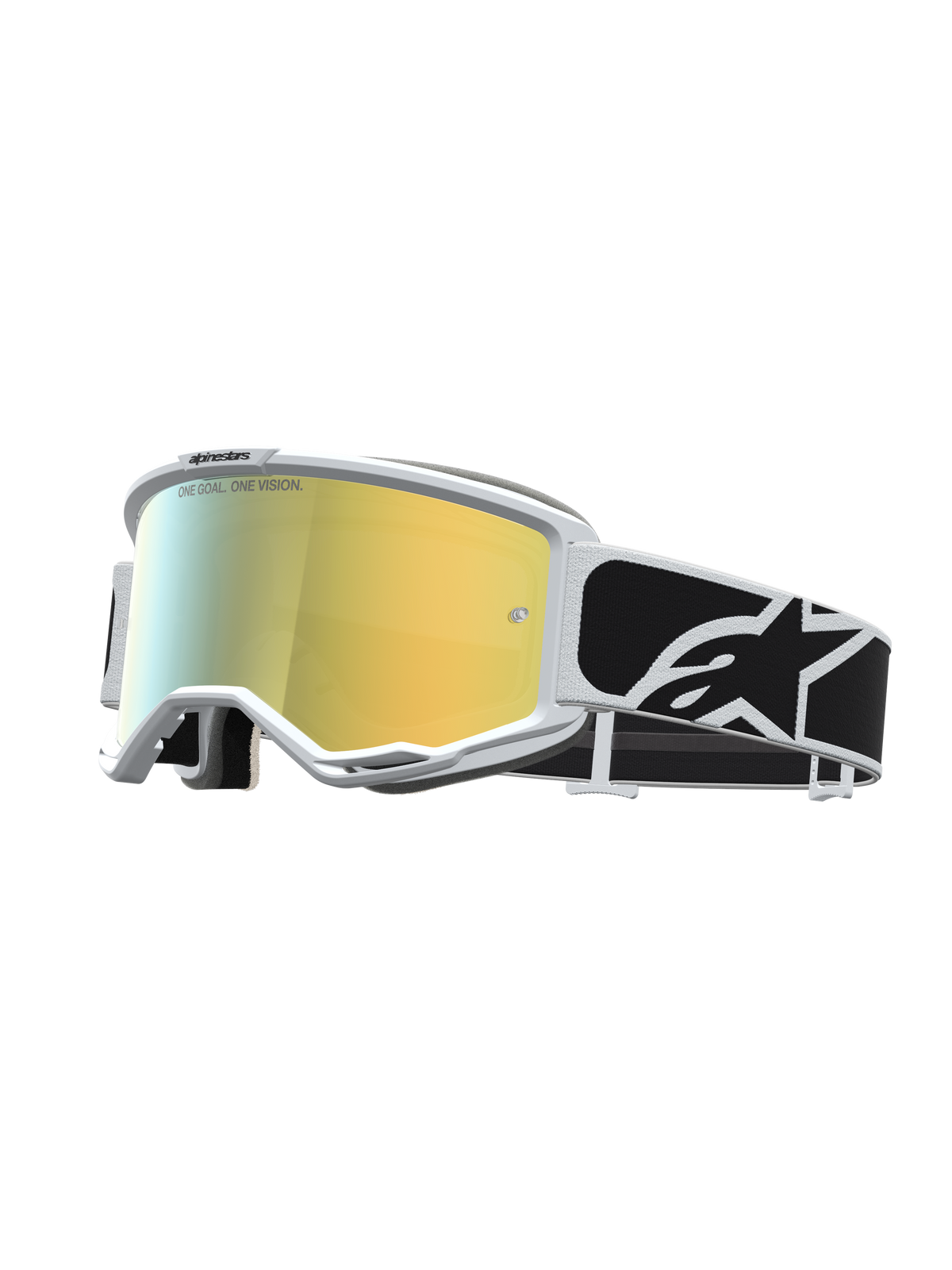 Masque Alpinestars Vision 5 Rora, masque de motocross, monture blanche, lentille miroir dorée et sangle noire à logo blanc.