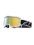 Masque Alpinestars Vision 5 Rora, masque de motocross, monture blanche, lentille miroir dorée et sangle noire à logo blanc.