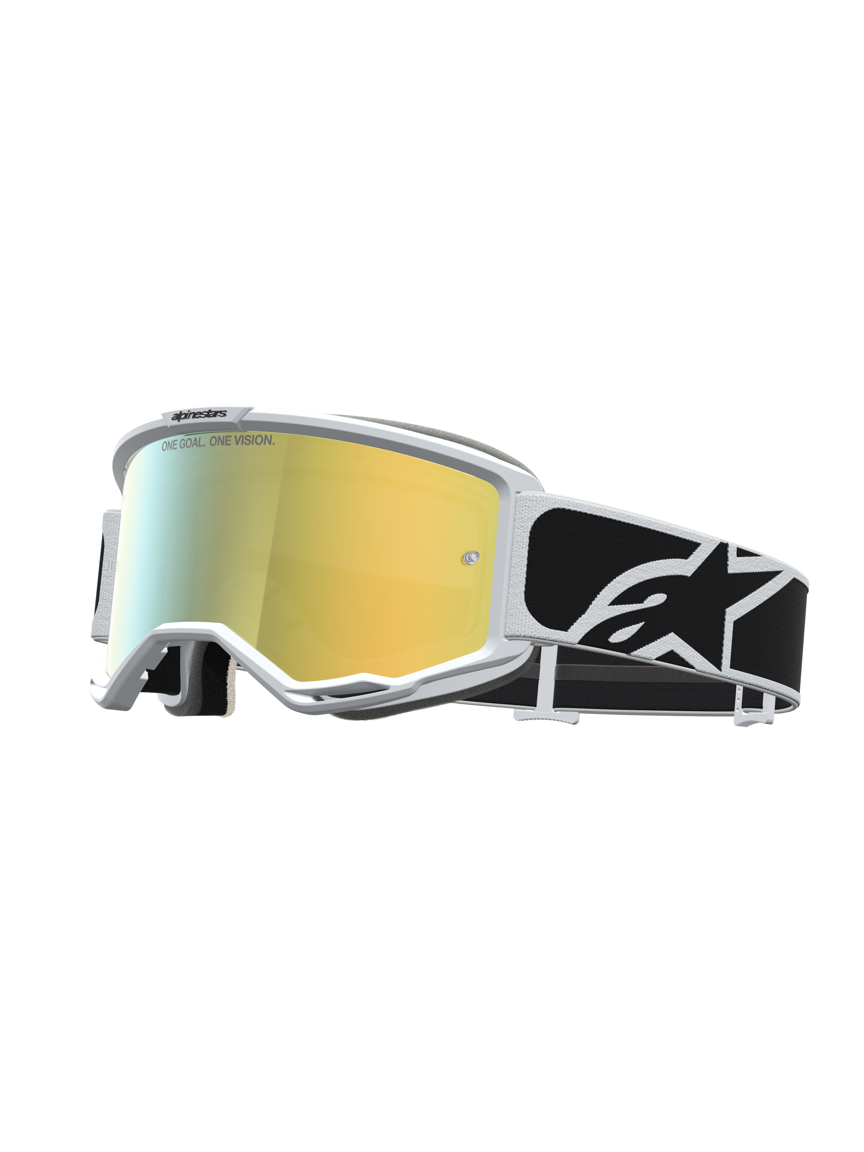 Alpinestars Vision 5 Rora Motocross-Schutzbrille mit weißem Rahmen, gold verspiegelter Scheibe und schwarzem Logo-Band.