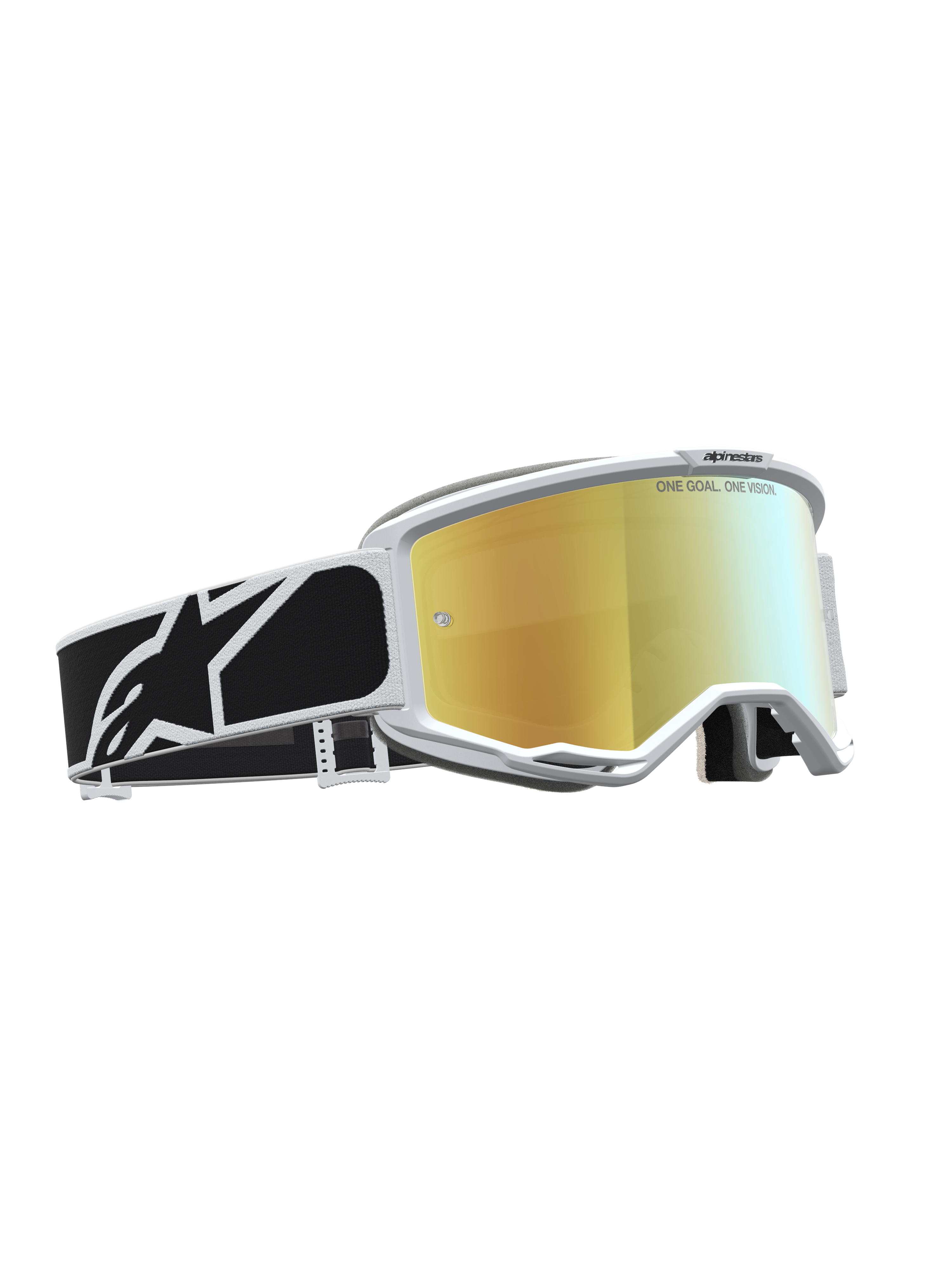 Alpinestars Vision 5 Rora veiligheidsbril, motorcrossbril met goudkleurige spiegellens, wit frame en zwarte grafische band.