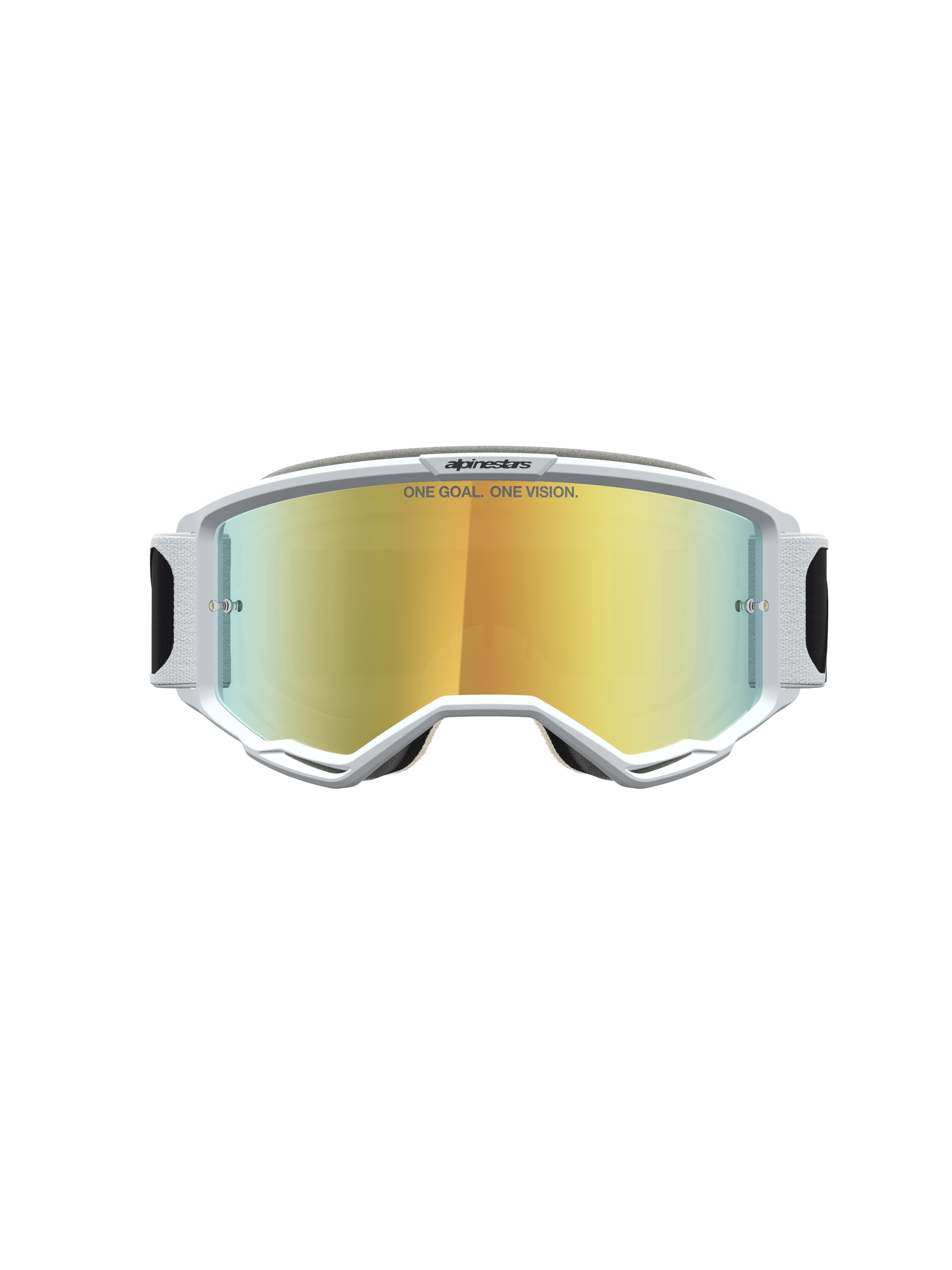 Alpinestars Vision 5 Rora veiligheidsbril voor motorcross, wit A-FLEX frame, gouden spiegellens en RAM-AIR ventilatie.