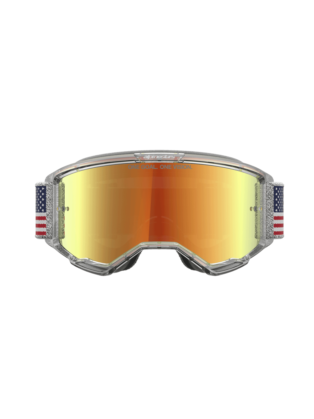 Alpinestars Vision 5 Le Fiftyfold, masque de motocross, écran miroir rouge, bandeau bleu et blanc, monture transparente.