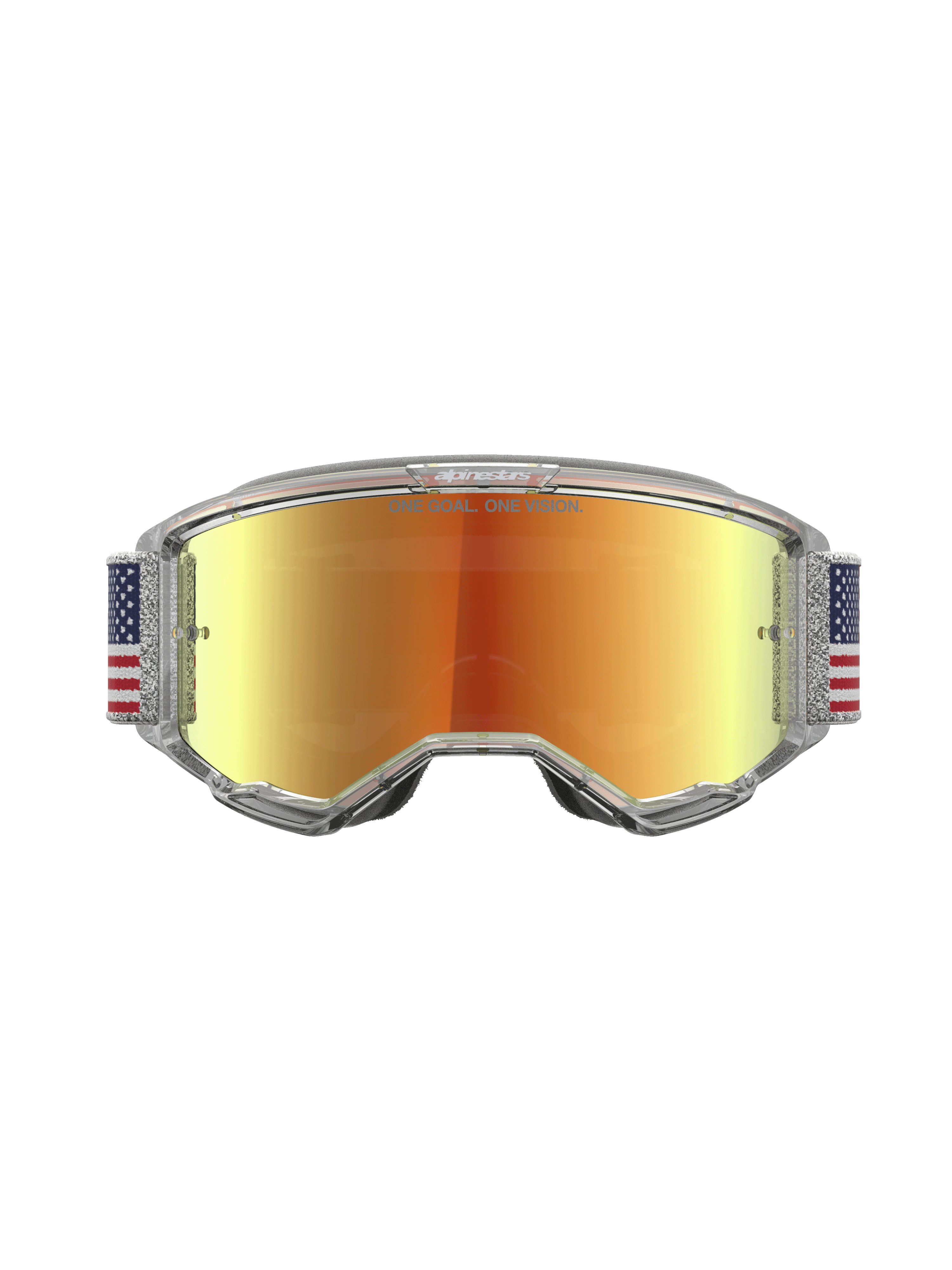 Alpinestars Vision 5 Le Fiftyfold, masque de motocross, écran miroir rouge, bandeau bleu et blanc, monture transparente.