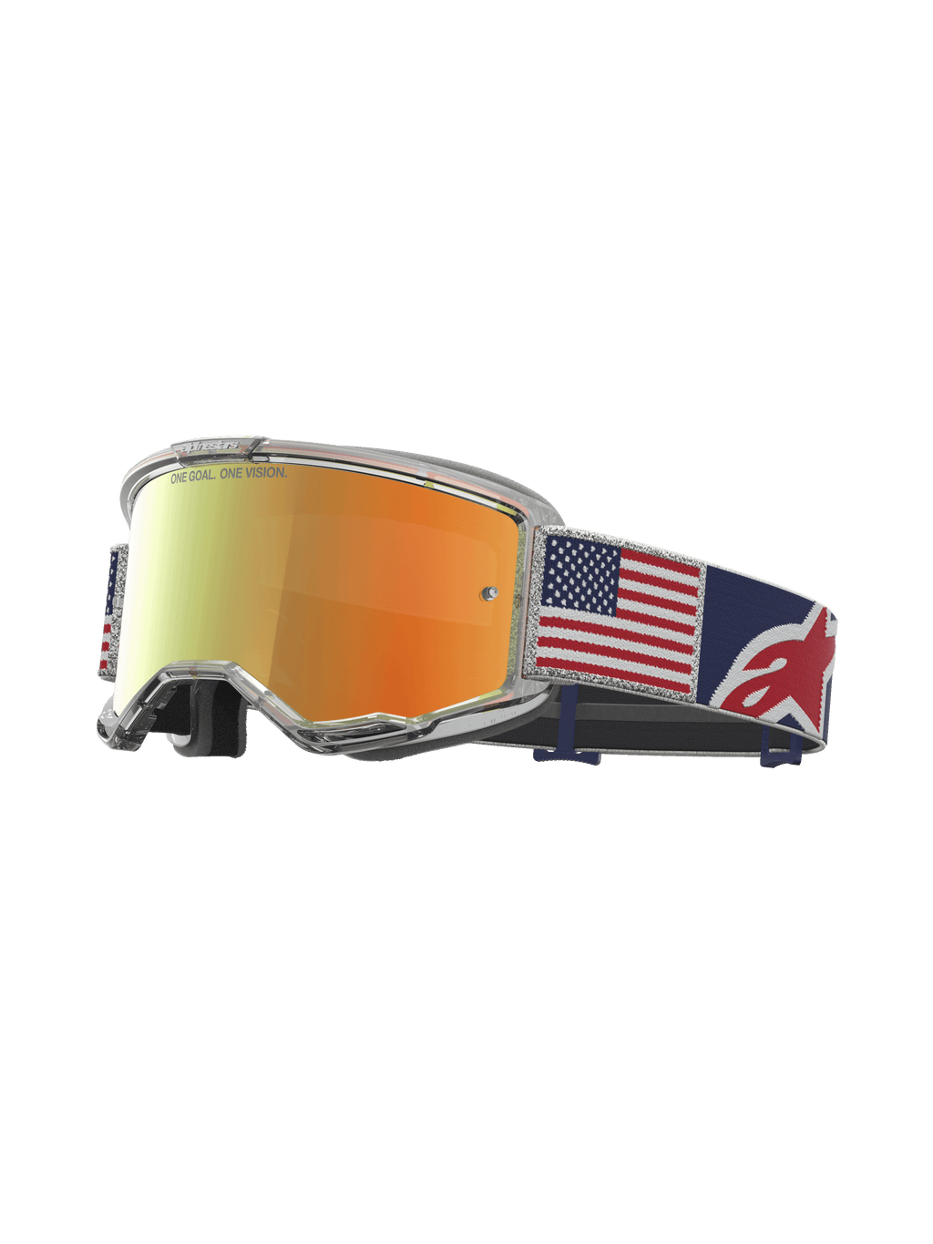 Alpinestars Vision 5 Le Fiftyfold, masque de motocross pour homme, édition limitée, lentille rouge miroir, bandeau bleu, rouge et blanc avec motif du drapeau américain, monture transparente A-FLEX.