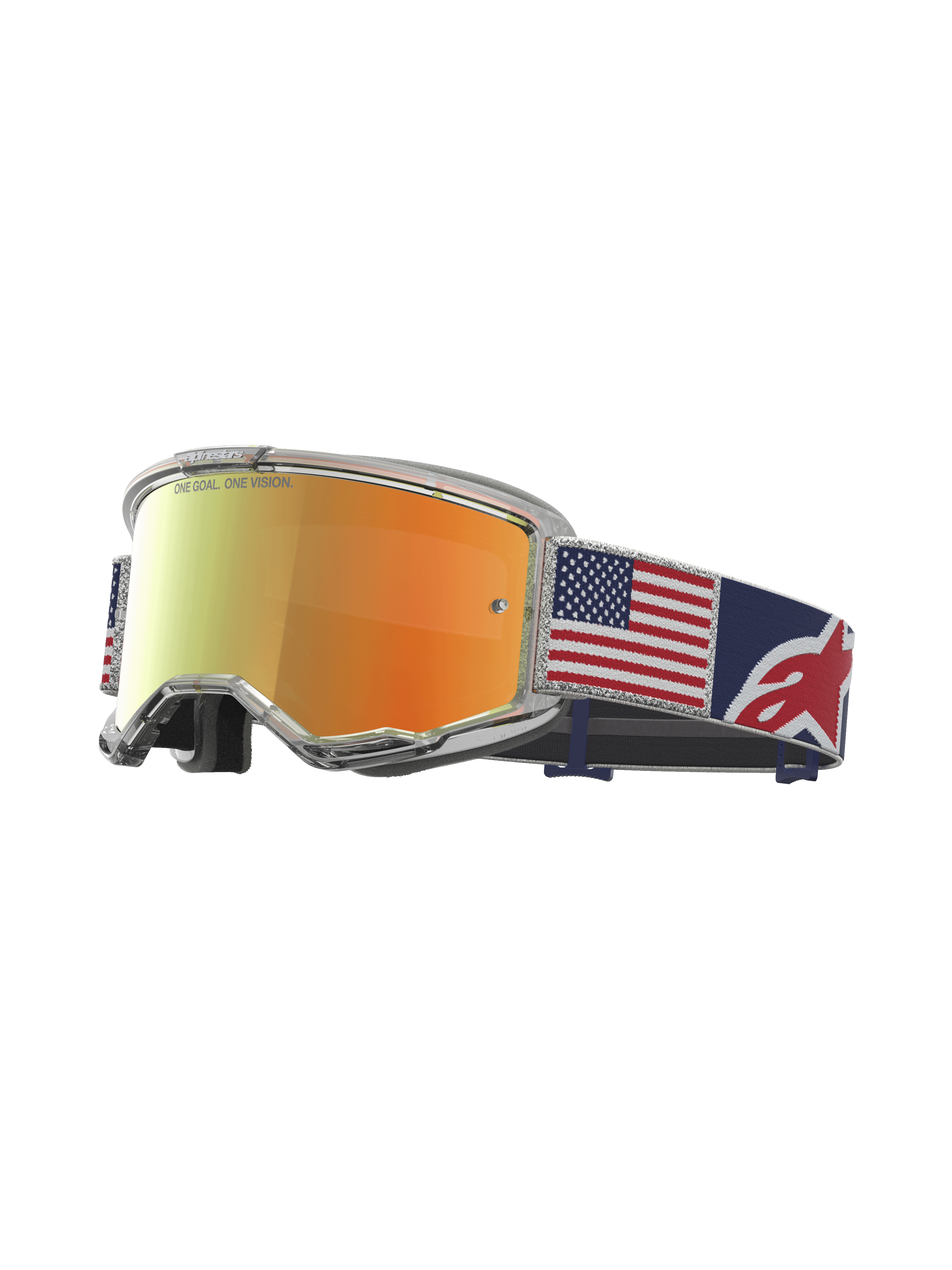 Alpinestars Vision 5 Le Fiftyfold, masque de motocross pour homme, édition limitée, lentille rouge miroir, bandeau bleu, rouge et blanc avec motif du drapeau américain, monture transparente A-FLEX.