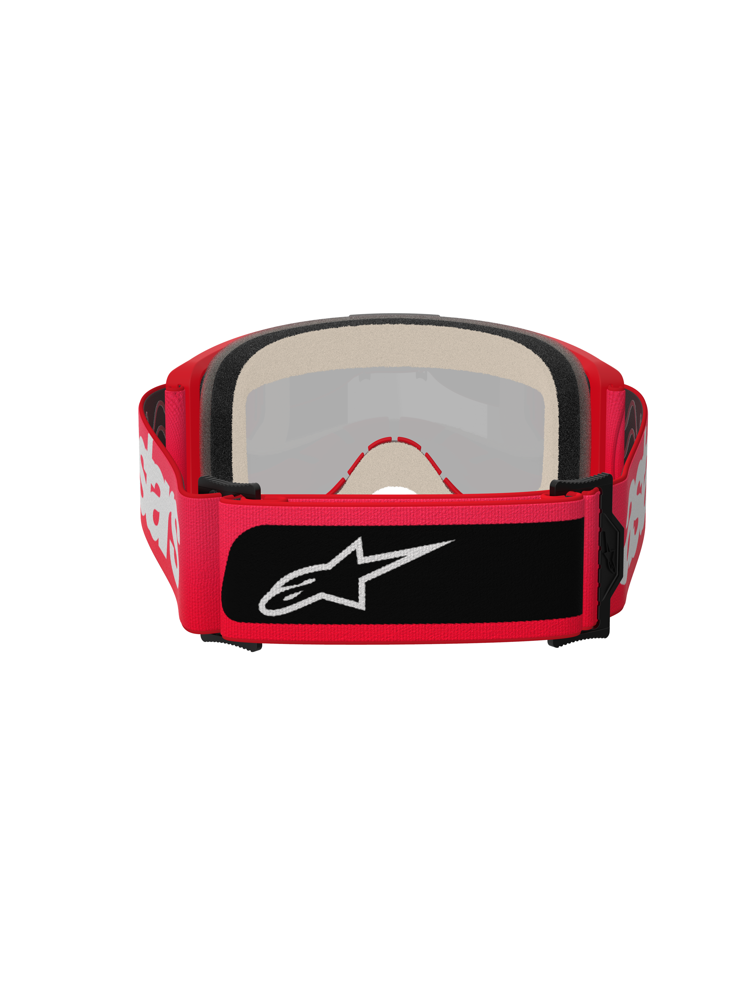 Masque Alpinestars Vision 5 Blaze, masque de motocross, rouge, vue arrière présentant une mousse faciale multicouche épaisse et une large sangle réglable avec inscription Alpinestars blanche et un patch logo noir