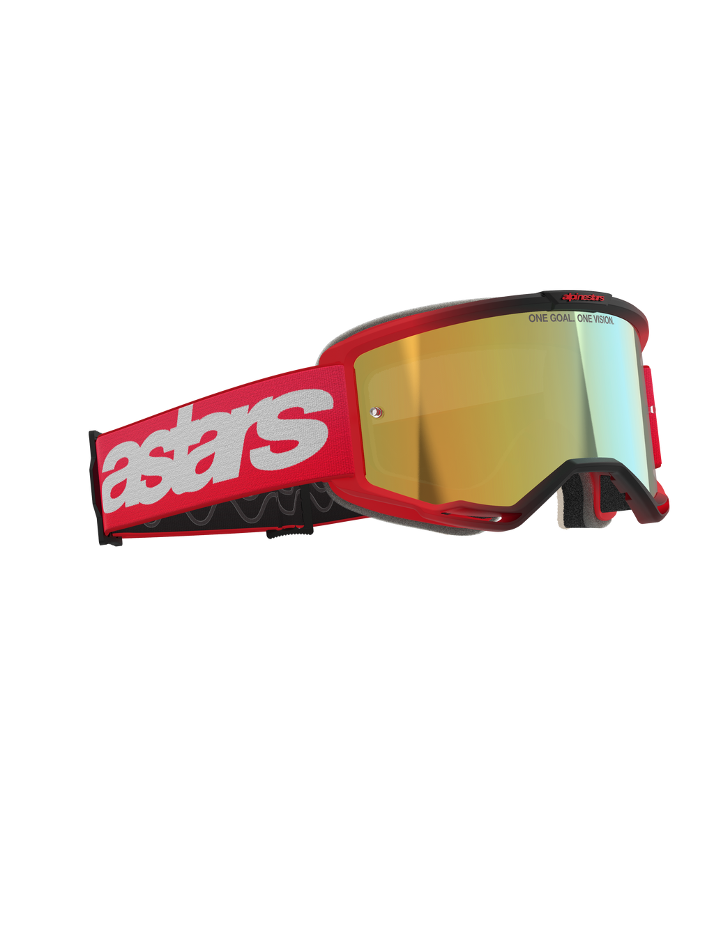 Alpinestars Vision 5 Blaze Goggles, masque de motocross, rouge avec écran miroir doré, doté d'un bandeau tissé rouge avec un grand logo astars blanc et l'inscription « ONE GOAL. ONE VISION. » sur l'écran, protection oculaire haute performance pour la course tout-terrain
